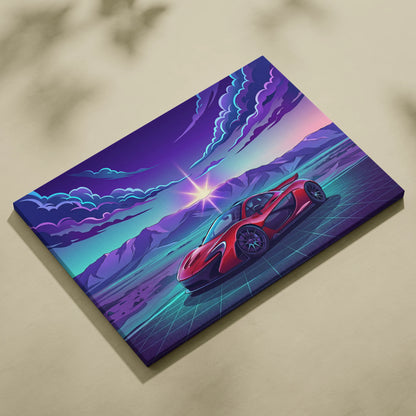McLaren P1 Inspired Red Purple Canvas Wall Art, Sunset Vaporwave Hypercar Artwork for Mountain Garage Decor