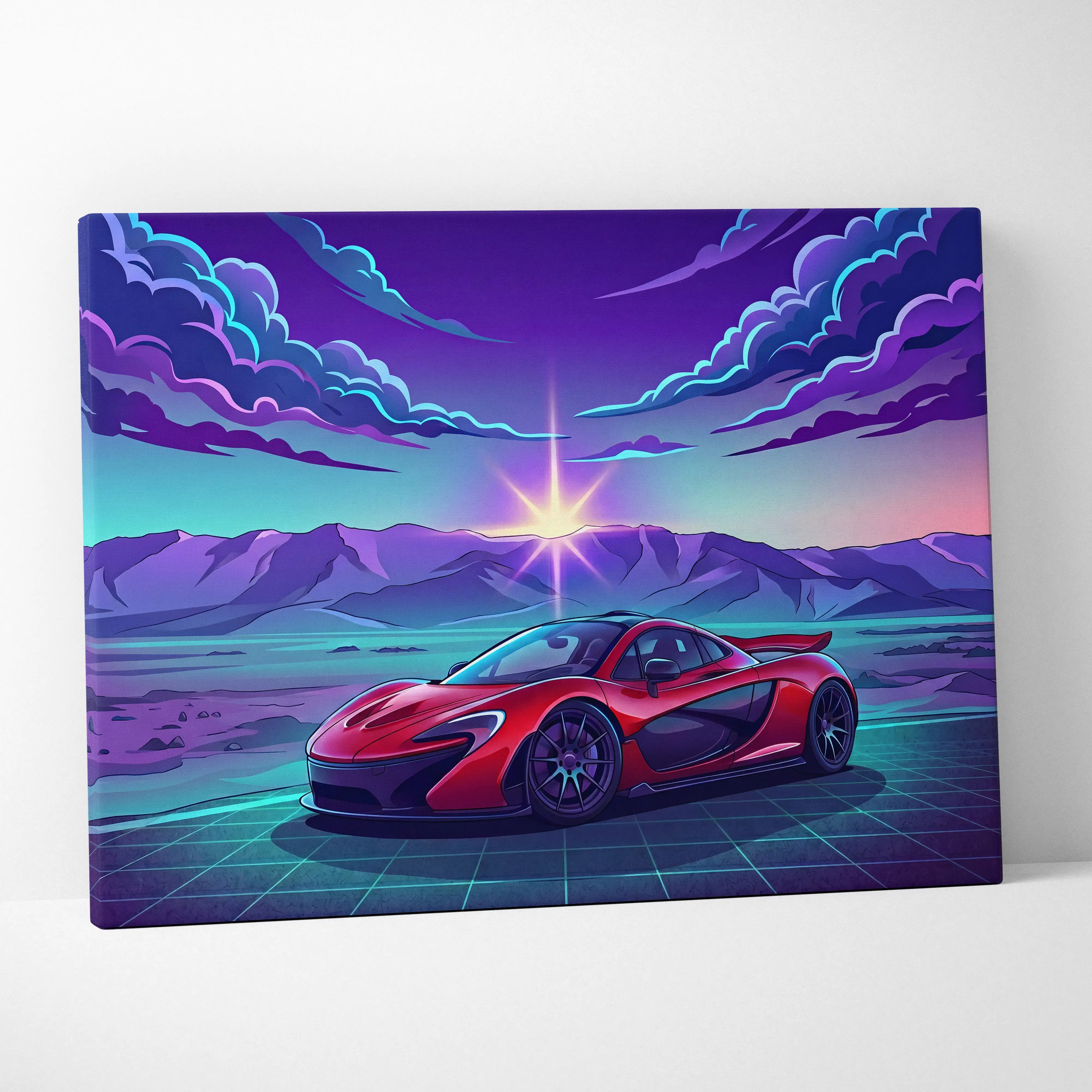 McLaren P1 Inspired Red Purple Canvas Wall Art, Sunset Vaporwave Hypercar Artwork for Mountain Garage Decor