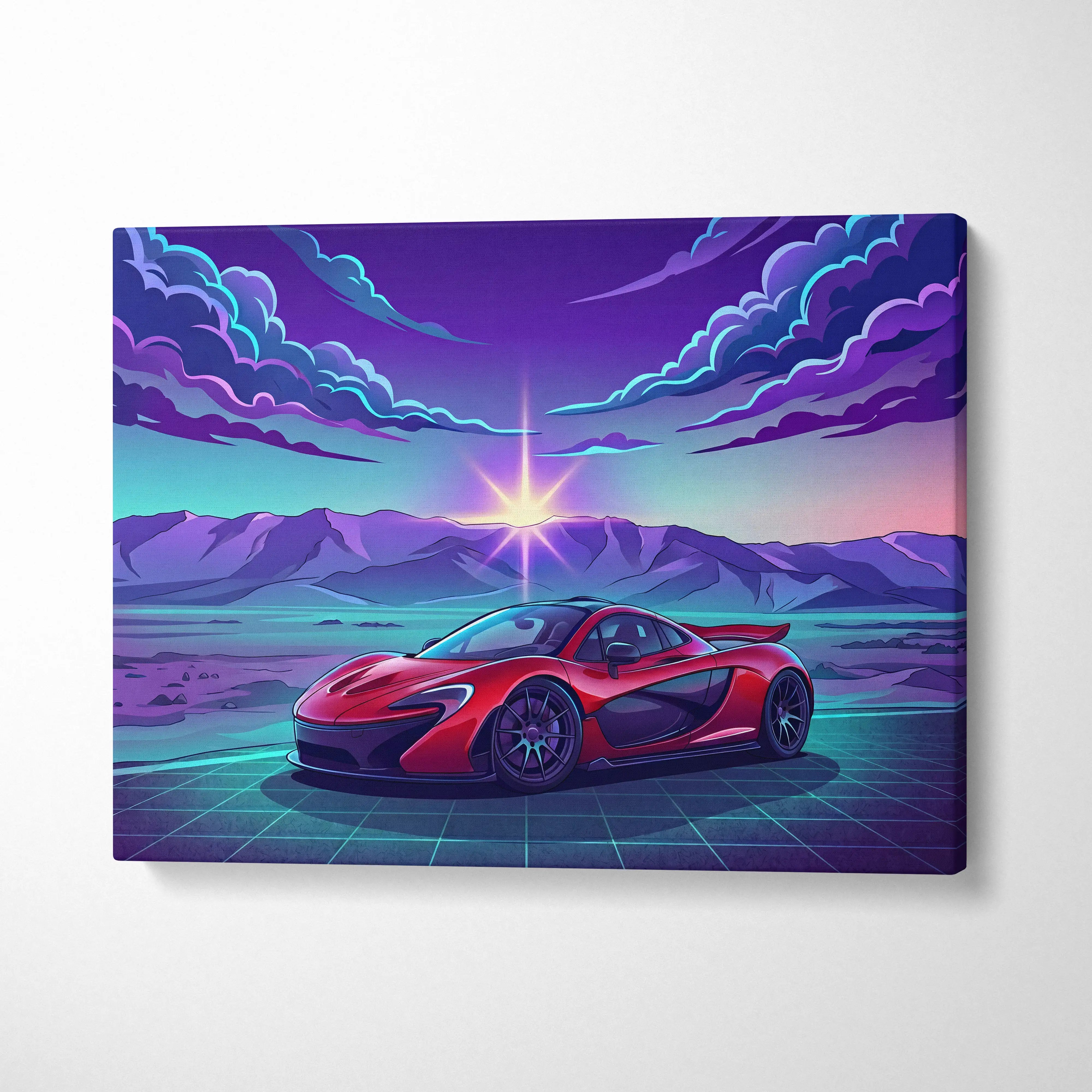 McLaren P1 Inspired Red Purple Canvas Wall Art, Sunset Vaporwave Hypercar Artwork for Mountain Garage Decor