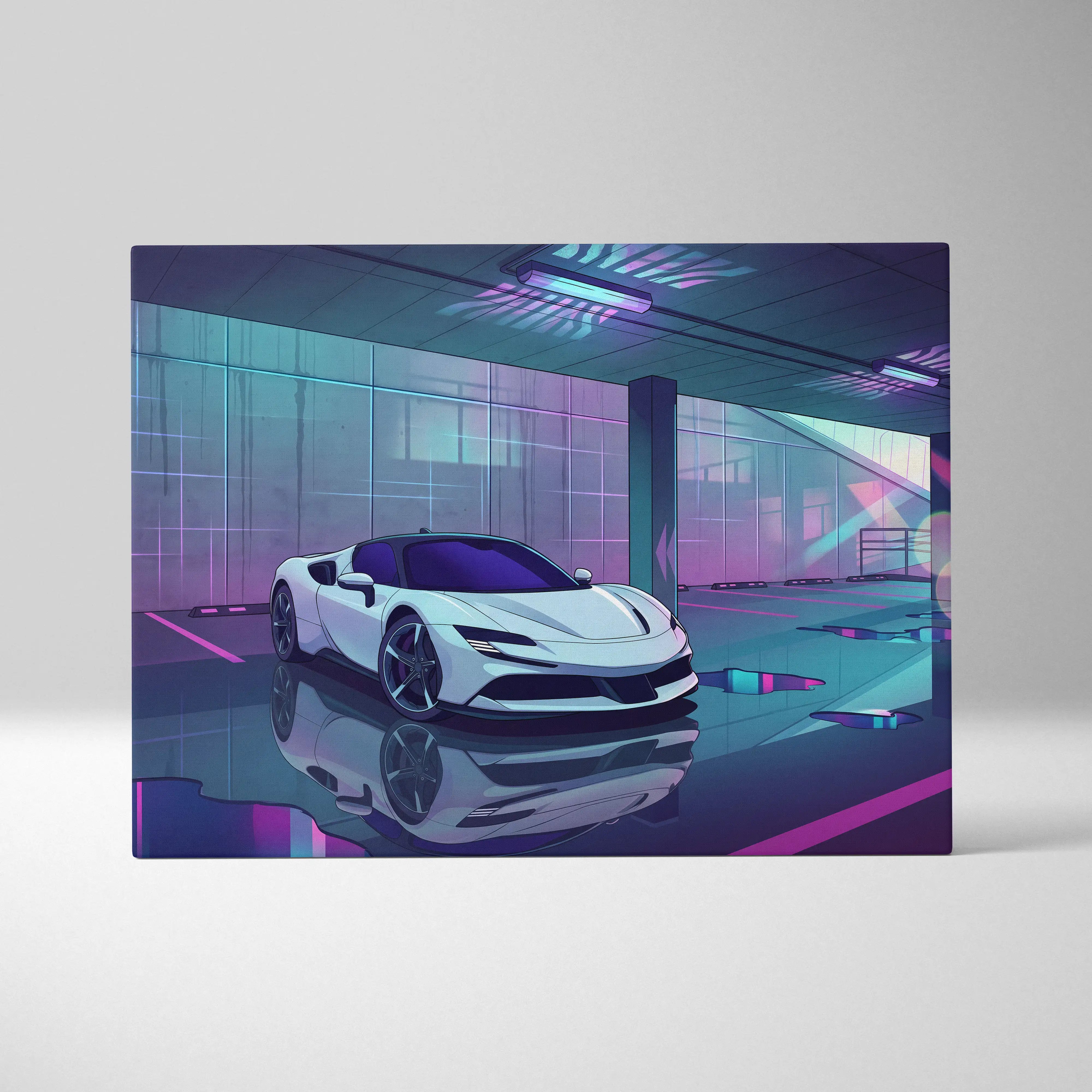 Ferrari SF90 Stradale Inspired Vaporwave Car Canvas - Vaporwave Car Neon Pink Purple Living Room Retro Futurism Moody Neon Glow Decor Wall Art Canvas