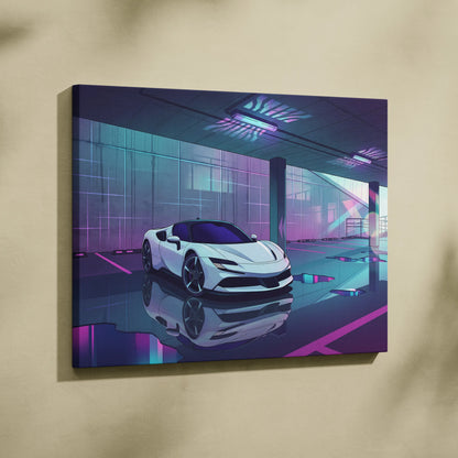 Ferrari SF90 Stradale Inspired Vaporwave Car Canvas - Vaporwave Car Neon Pink Purple Living Room Retro Futurism Moody Neon Glow Decor Wall Art Canvas