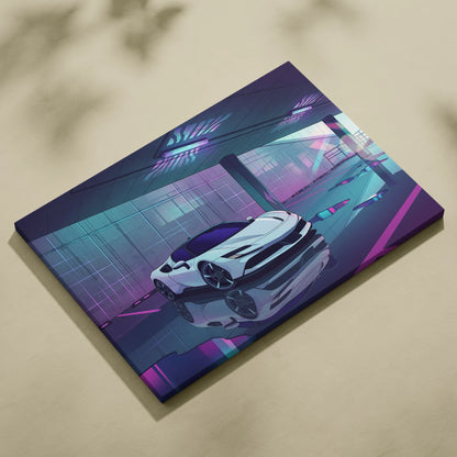 Ferrari SF90 Stradale Inspired Vaporwave Car Canvas - Vaporwave Car Neon Pink Purple Living Room Retro Futurism Moody Neon Glow Decor Wall Art Canvas