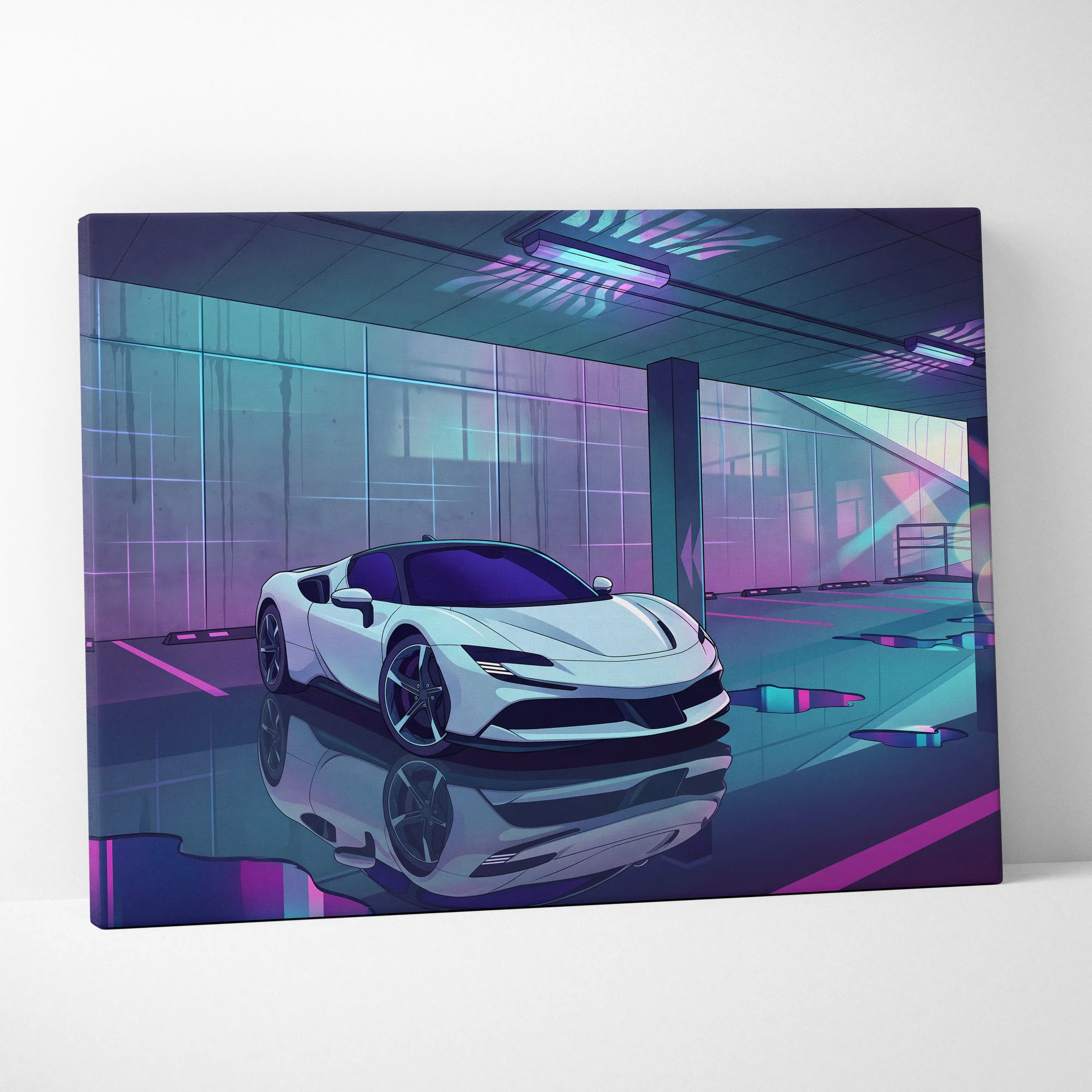 Ferrari SF90 Stradale Inspired Vaporwave Car Canvas - Vaporwave Car Neon Pink Purple Living Room Retro Futurism Moody Neon Glow Decor Wall Art Canvas