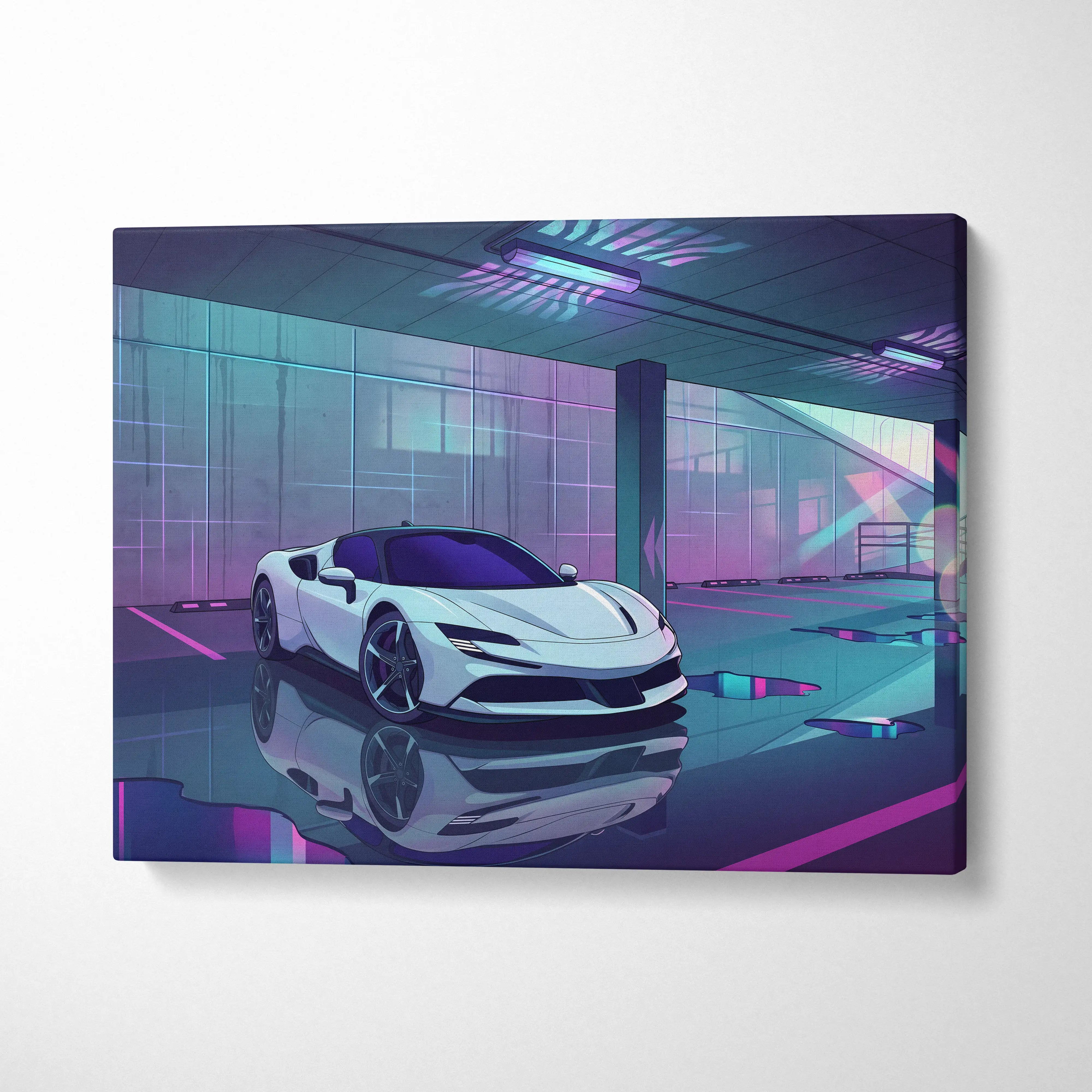Ferrari SF90 Stradale Inspired Vaporwave Car Canvas - Vaporwave Car Neon Pink Purple Living Room Retro Futurism Moody Neon Glow Decor Wall Art Canvas