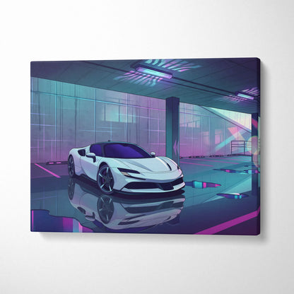 Ferrari SF90 Stradale Inspired Vaporwave Car Canvas - Vaporwave Car Neon Pink Purple Living Room Retro Futurism Moody Neon Glow Decor Wall Art Canvas