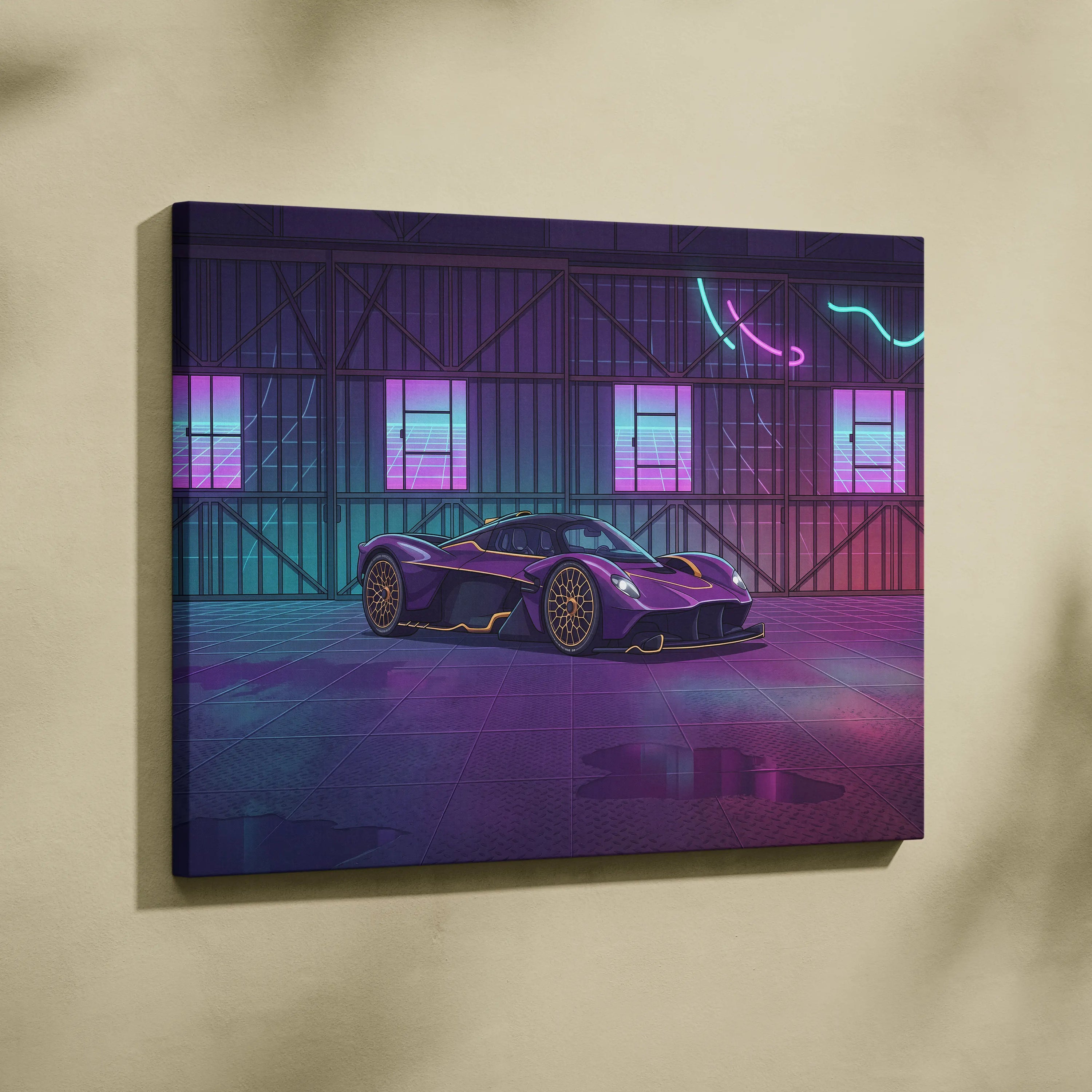 Aston Martin Valkyrie Inspired Vaporwave Car Canvas - Car Artwork Purple Pink Cyan Living Room Vaporwave Retro Futurism Neon Nostalgia Canvas
