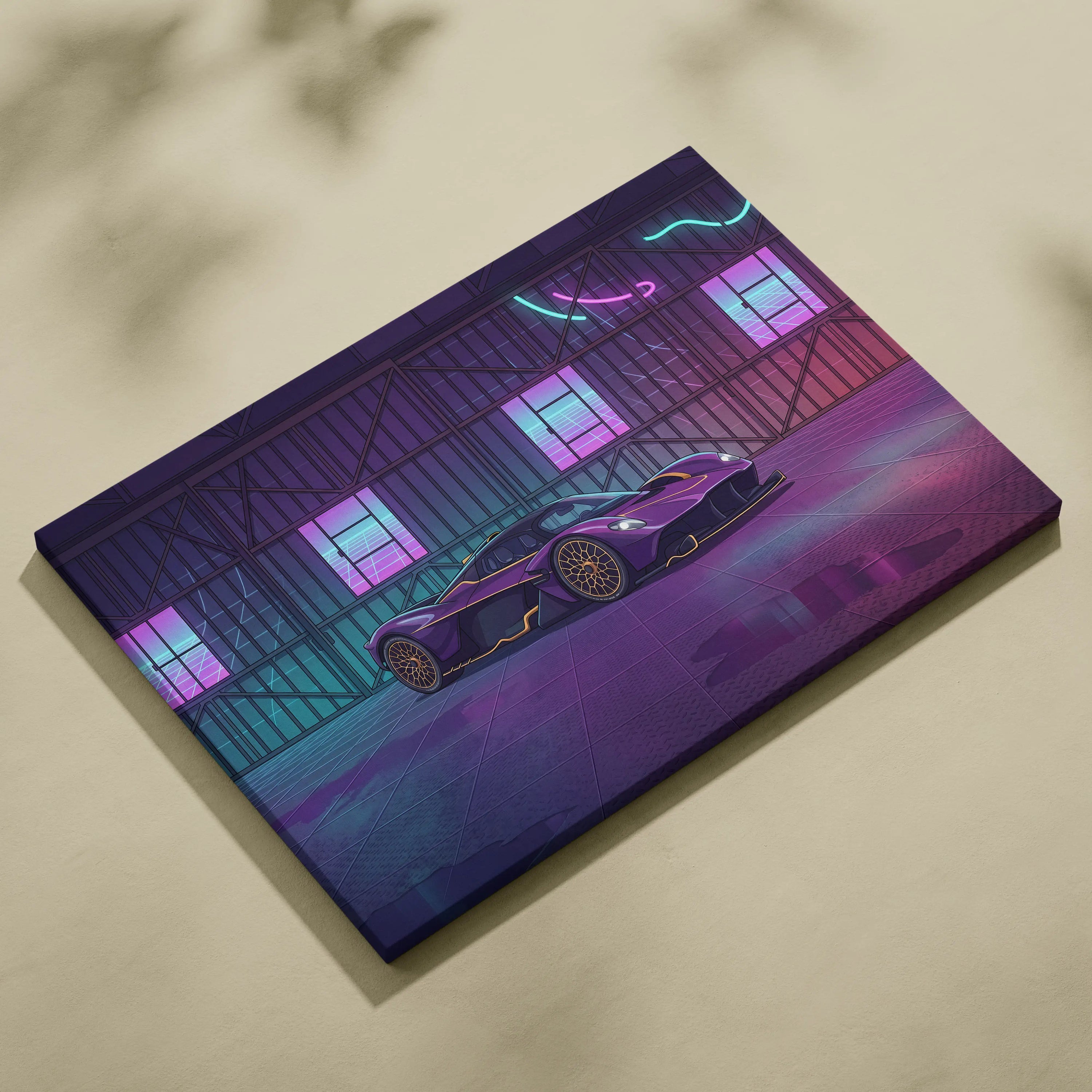 Aston Martin Valkyrie Inspired Vaporwave Car Canvas - Car Artwork Purple Pink Cyan Living Room Vaporwave Retro Futurism Neon Nostalgia Canvas