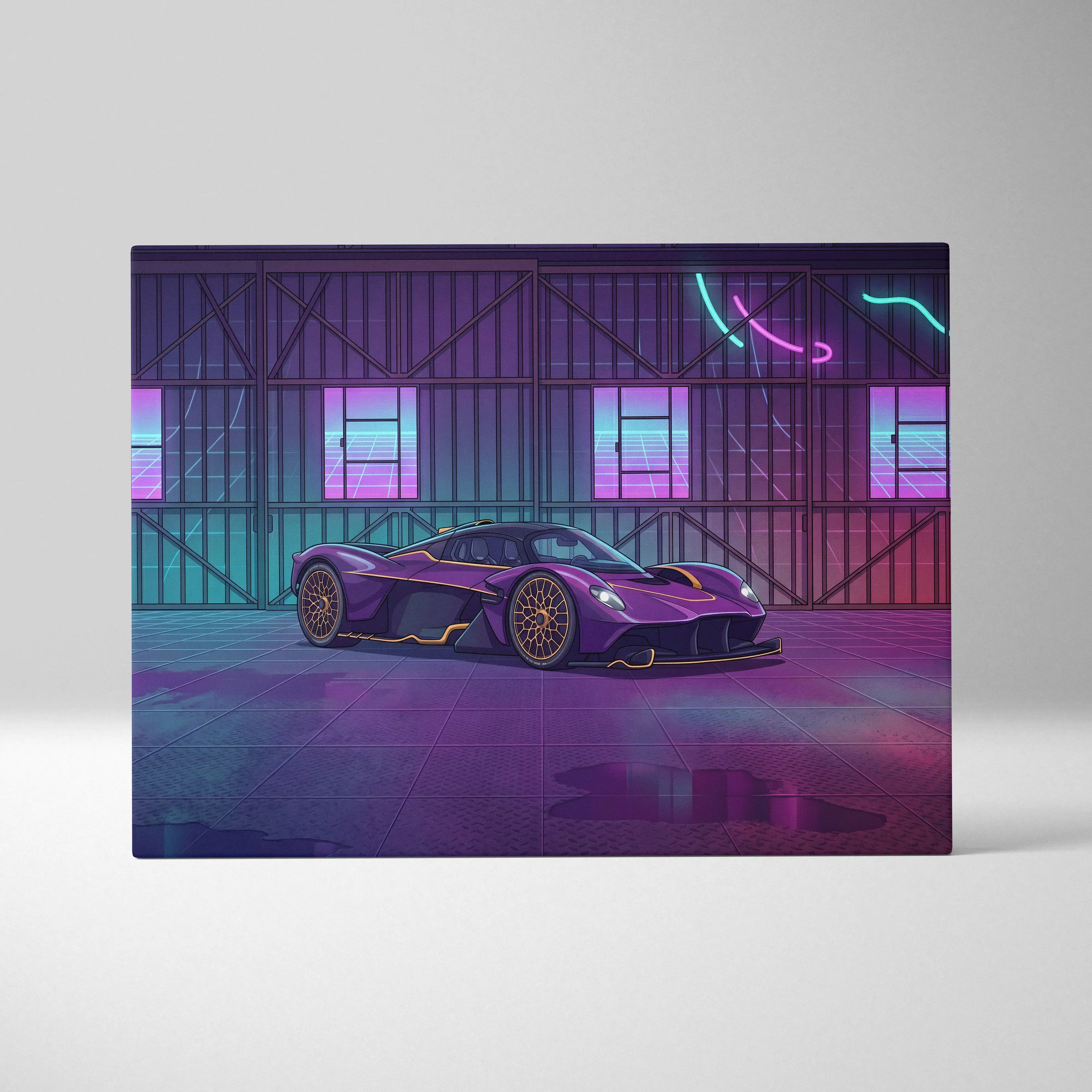 Aston Martin Valkyrie Inspired Vaporwave Car Canvas - Car Artwork Purple Pink Cyan Living Room Vaporwave Retro Futurism Neon Nostalgia Canvas