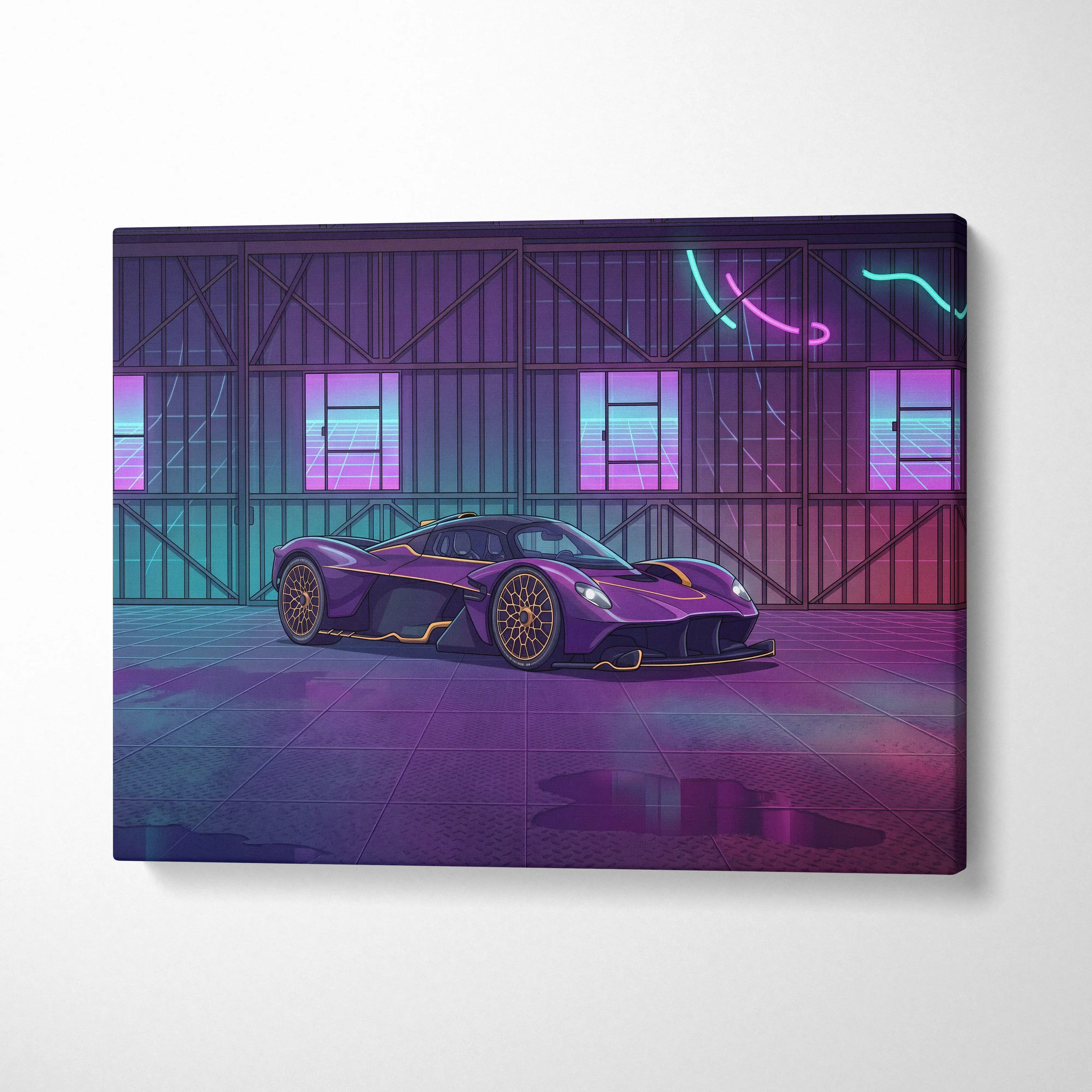 Aston Martin Valkyrie Inspired Vaporwave Car Canvas - Car Artwork Purple Pink Cyan Living Room Vaporwave Retro Futurism Neon Nostalgia Canvas
