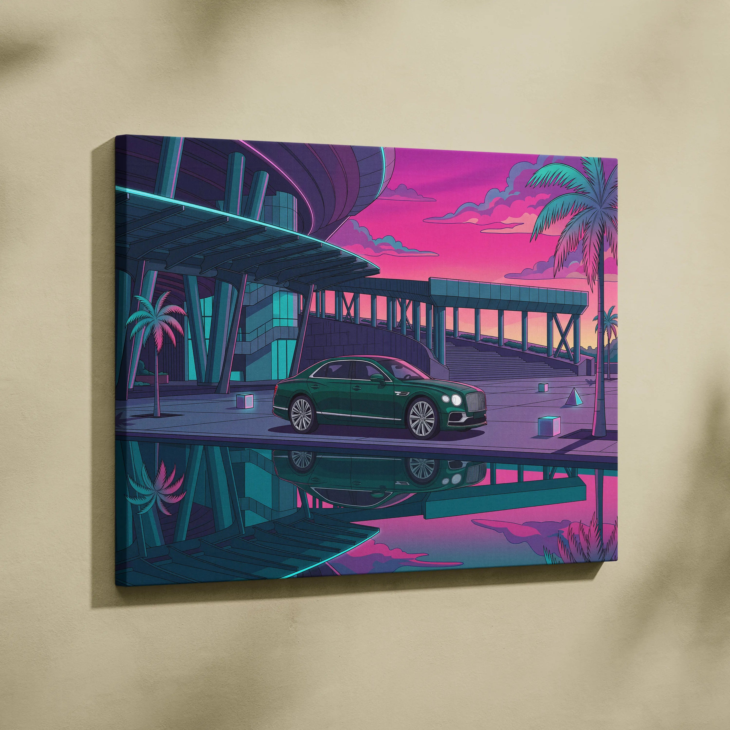 Bentley Flying Spur Inspired Vaporwave Car Canvas - Car Vaporwave Neon Pink Teal Living Room Retro Futurism Nostalgic mood Neon aesthetic Canvas