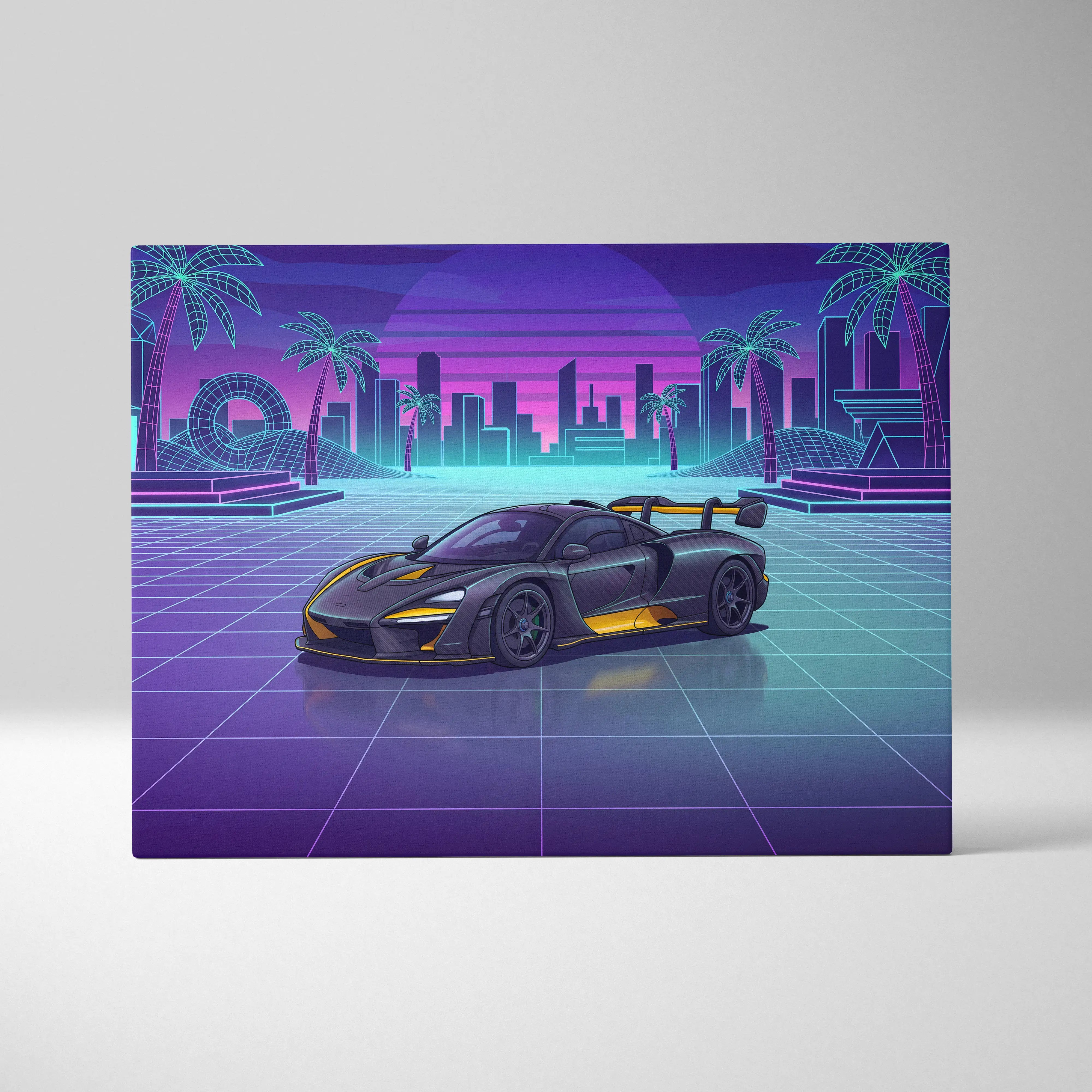 McLaren Senna Inspired Black Yellow Canvas Wall Art, Neon Vaporwave Hypercar Artwork for Modern Garage Decor