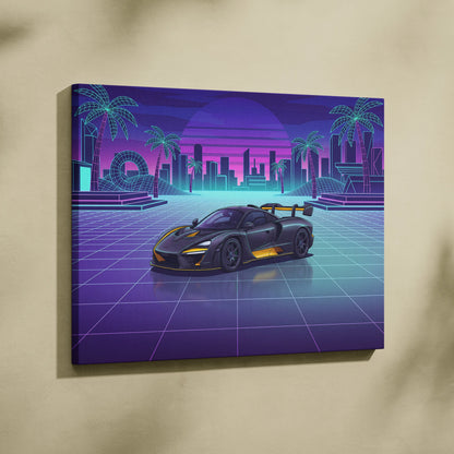 McLaren Senna Inspired Black Yellow Canvas Wall Art, Neon Vaporwave Hypercar Artwork for Modern Garage Decor