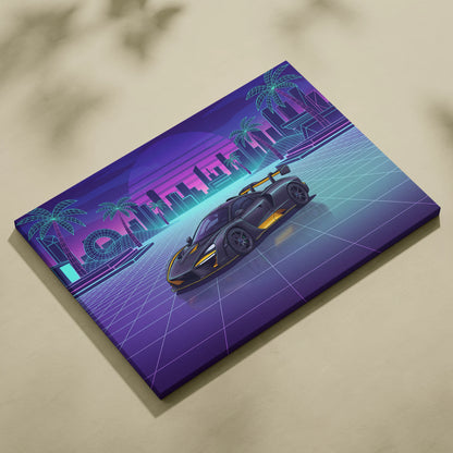 McLaren Senna Inspired Black Yellow Canvas Wall Art, Neon Vaporwave Hypercar Artwork for Modern Garage Decor