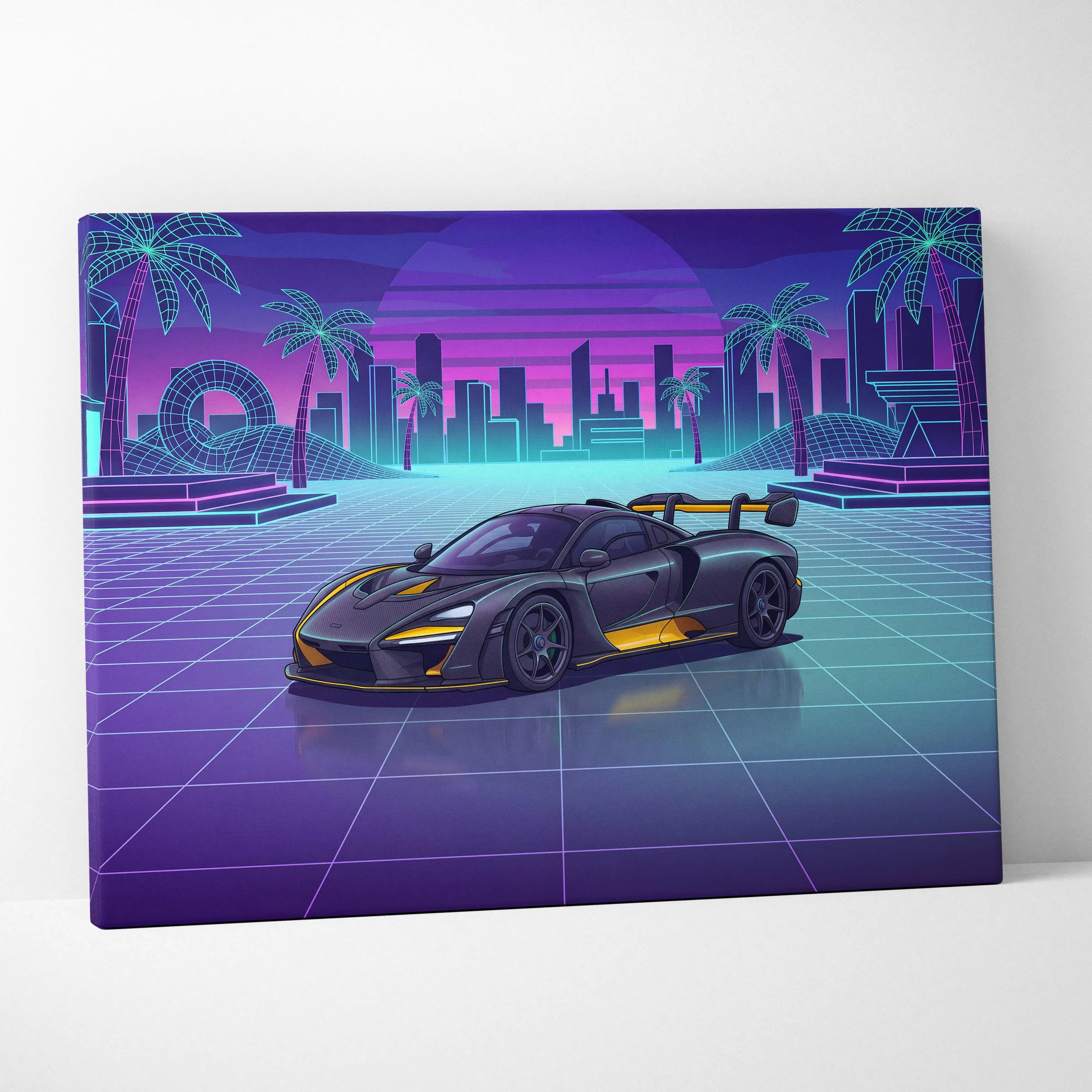 McLaren Senna Inspired Black Yellow Canvas Wall Art, Neon Vaporwave Hypercar Artwork for Modern Garage Decor