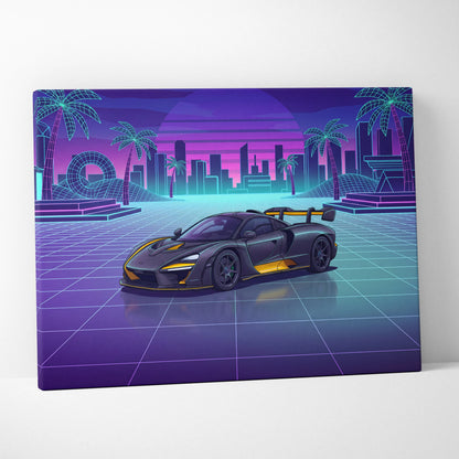 McLaren Senna Inspired Black Yellow Canvas Wall Art, Neon Vaporwave Hypercar Artwork for Modern Garage Decor