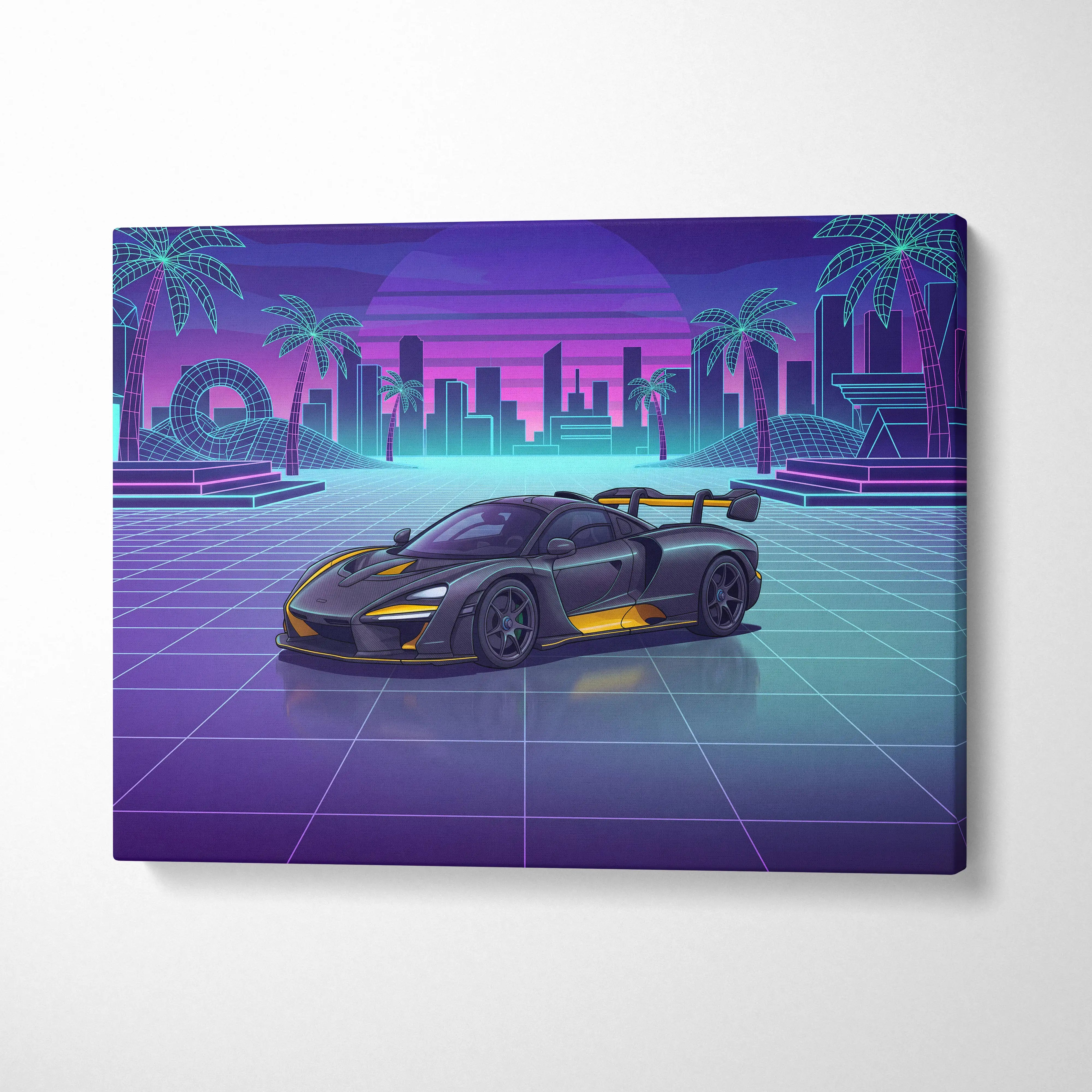 McLaren Senna Inspired Black Yellow Canvas Wall Art, Neon Vaporwave Hypercar Artwork for Modern Garage Decor