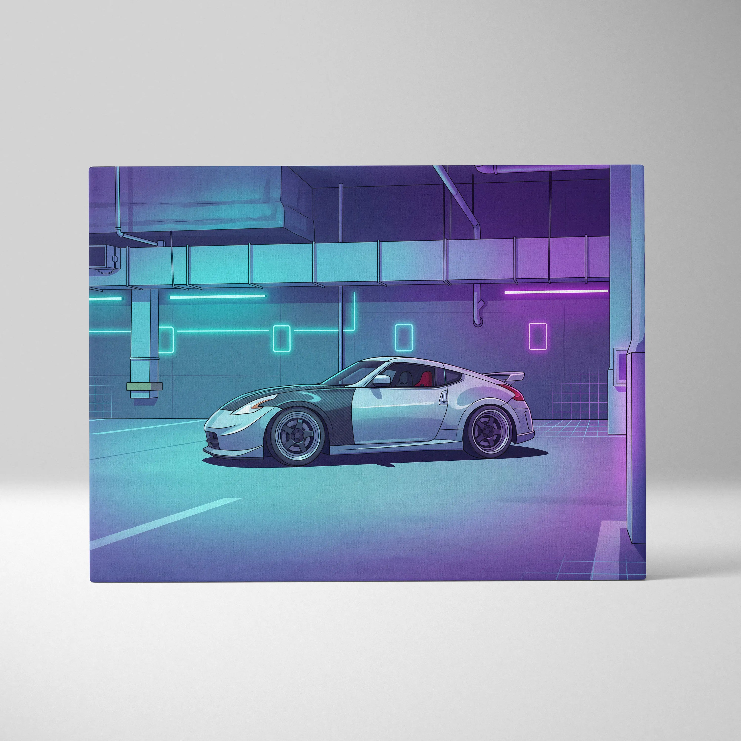 Nissan 370Z Inspired White Purple Canvas Wall Art Vaporwave Neon Garage JDM Car Artwork, Cyberpunk Tuner Decor