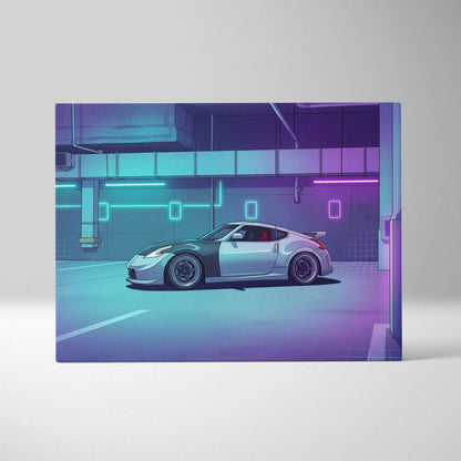 Nissan 370Z Inspired White Purple Canvas Wall Art Vaporwave Neon Garage JDM Car Artwork, Cyberpunk Tuner Decor