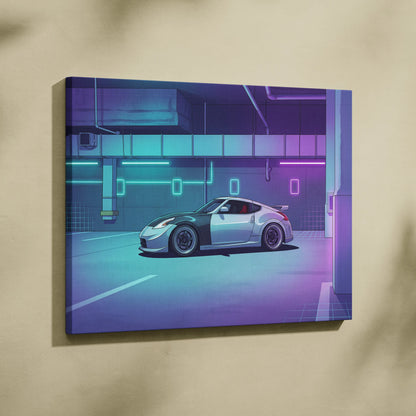 Nissan 370Z Inspired White Purple Canvas Wall Art Vaporwave Neon Garage JDM Car Artwork, Cyberpunk Tuner Decor