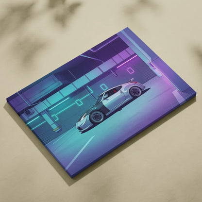 Nissan 370Z Inspired White Purple Canvas Wall Art Vaporwave Neon Garage JDM Car Artwork, Cyberpunk Tuner Decor
