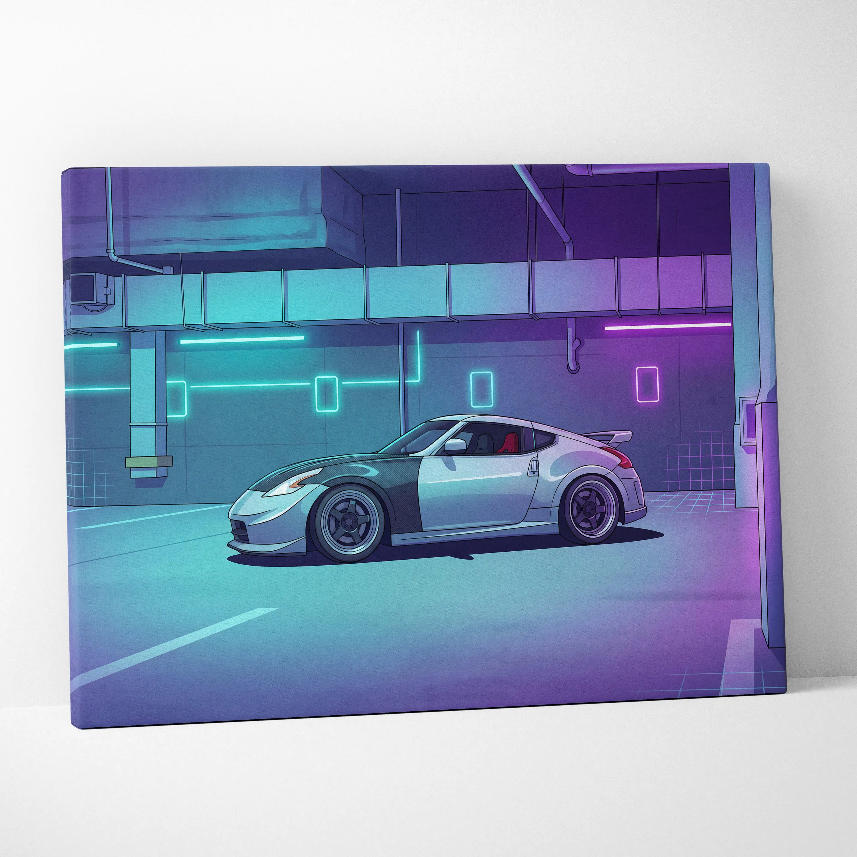 Nissan 370Z Inspired White Purple Canvas Wall Art Vaporwave Neon Garage JDM Car Artwork, Cyberpunk Tuner Decor