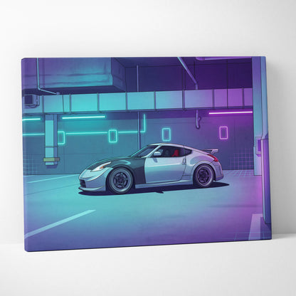 Nissan 370Z Inspired White Purple Canvas Wall Art Vaporwave Neon Garage JDM Car Artwork, Cyberpunk Tuner Decor