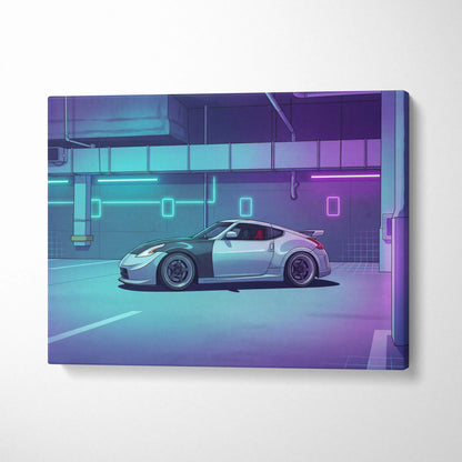 Nissan 370Z Inspired White Purple Canvas Wall Art Vaporwave Neon Garage JDM Car Artwork, Cyberpunk Tuner Decor