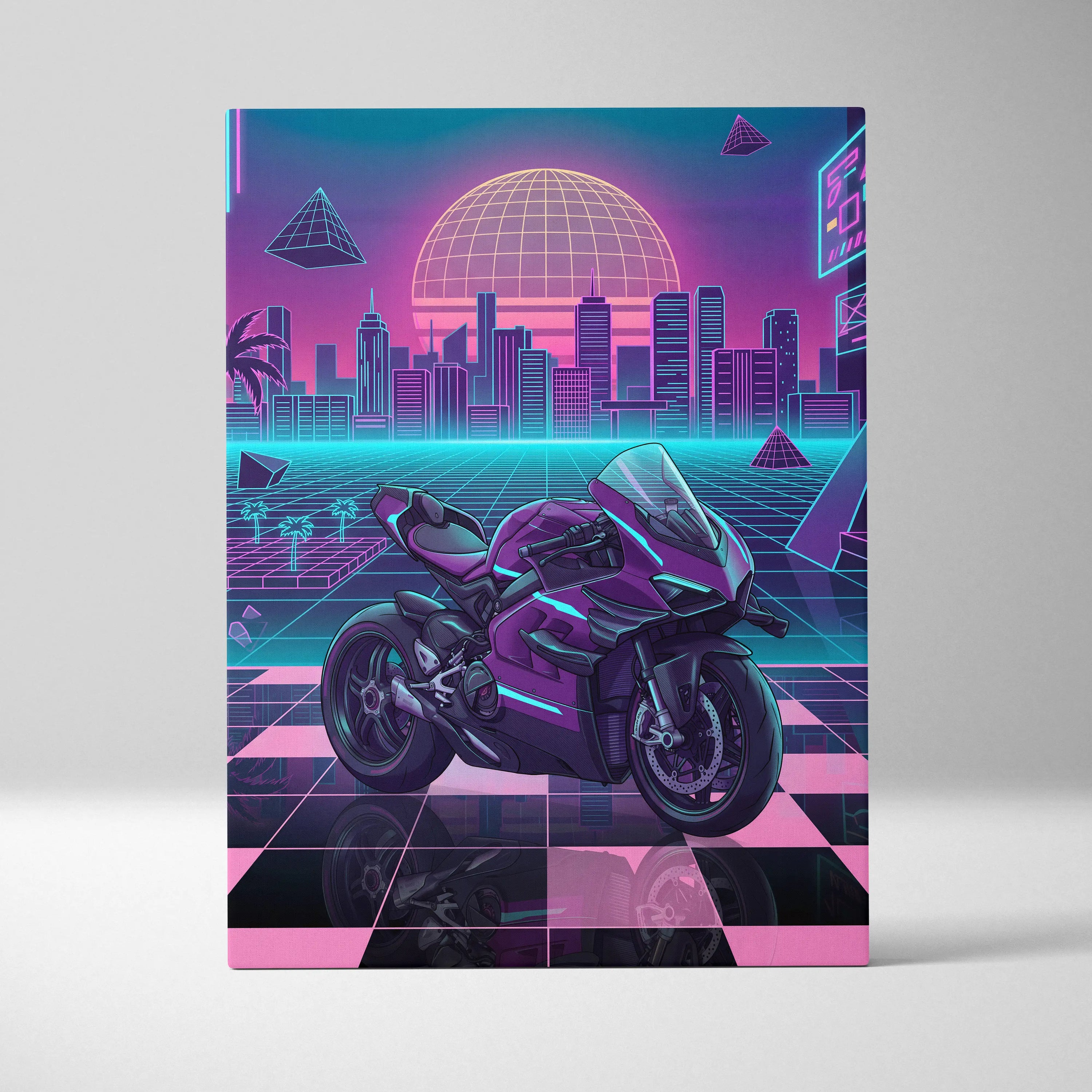 Ducati Panigale V4 Superleggera Inspired Purple Pink Motorcycle Canvas Wall Art Vaporwave Neon City Superbike Artwork for Garage Decor Retro Futuristic Print