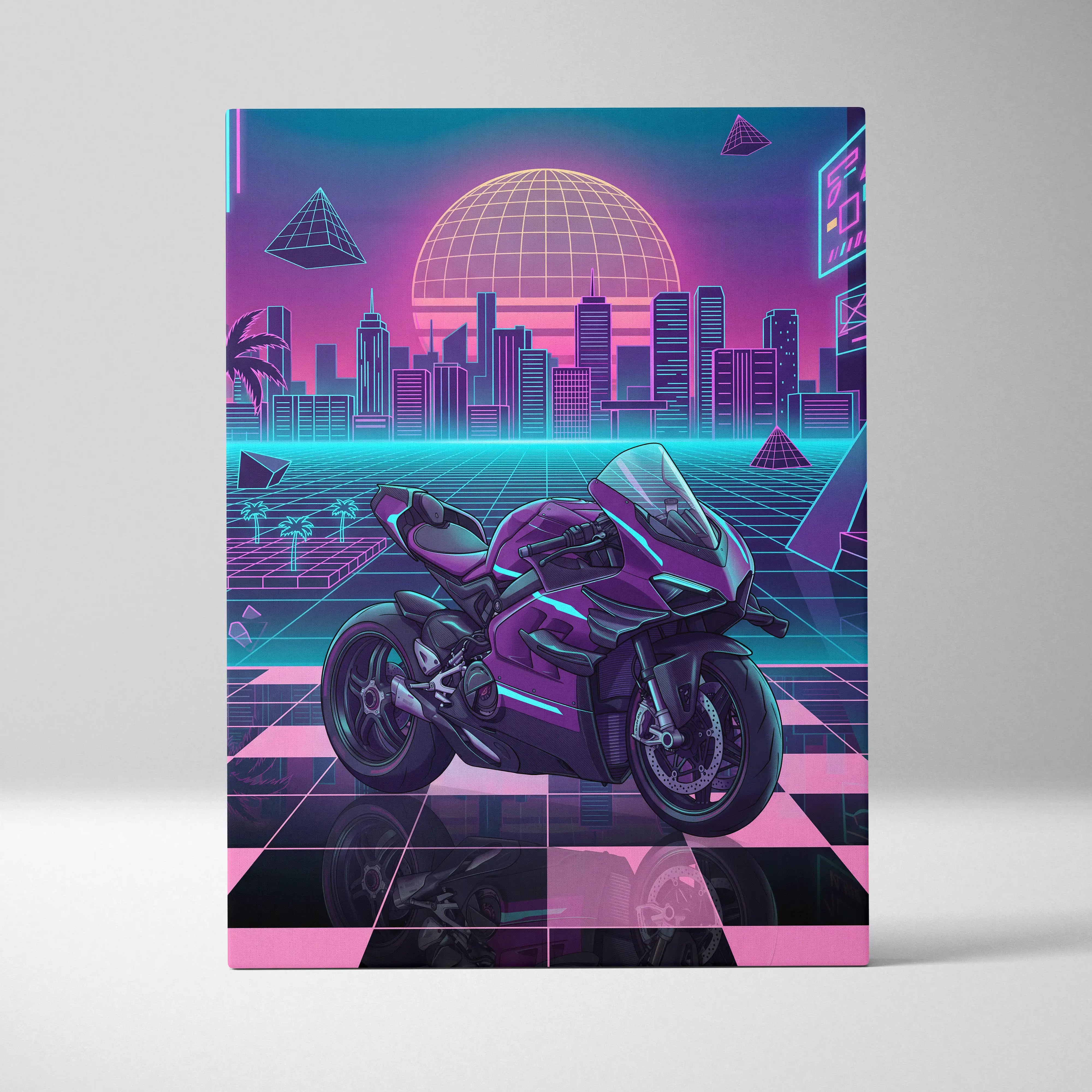 Ducati Panigale V4 Superleggera Inspired Purple Pink Motorcycle Canvas Wall Art Vaporwave Neon City Superbike Artwork for Garage Decor Retro Futuristic Print