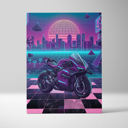 Ducati Panigale V4 Superleggera Inspired Purple Pink Motorcycle Canvas Wall Art Vaporwave Neon City Superbike Artwork for Garage Decor Retro Futuristic Print