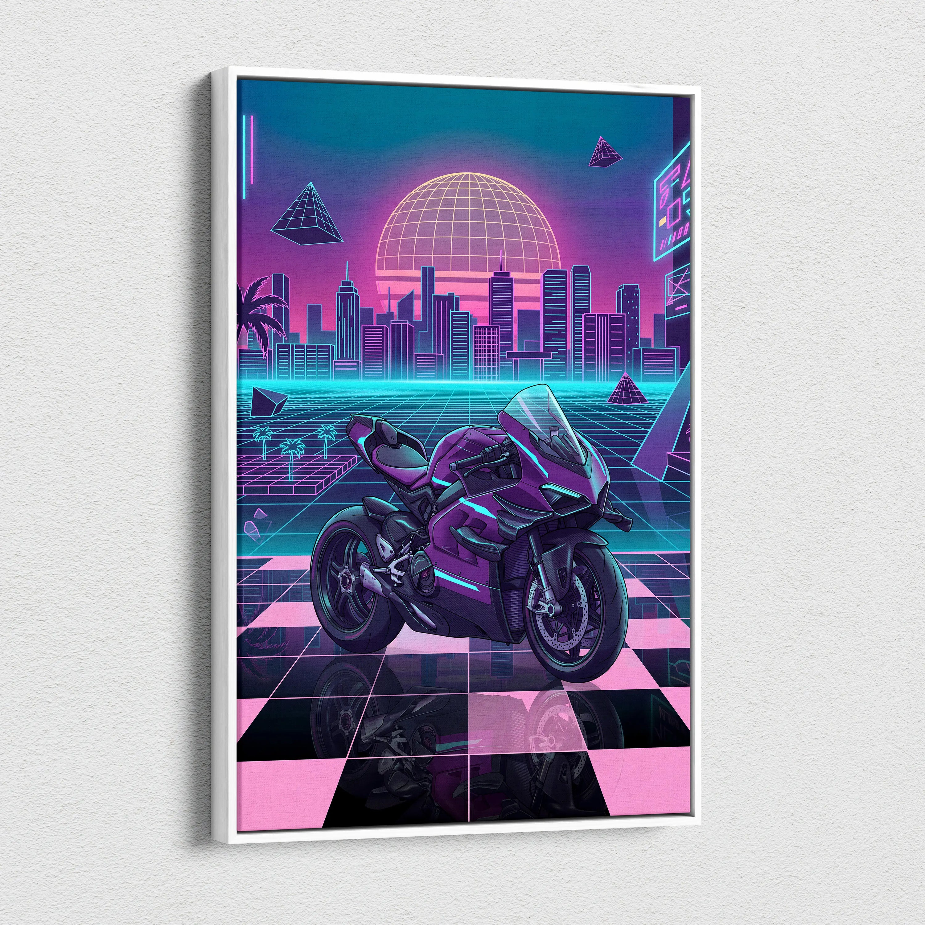 Ducati Panigale V4 Superleggera Inspired Purple Pink Motorcycle Canvas Wall Art Vaporwave Neon City Superbike Artwork for Garage Decor Retro Futuristic Print