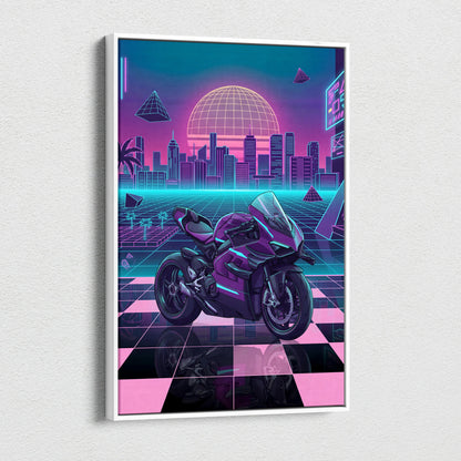 Ducati Panigale V4 Superleggera Inspired Purple Pink Motorcycle Canvas Wall Art Vaporwave Neon City Superbike Artwork for Garage Decor Retro Futuristic Print