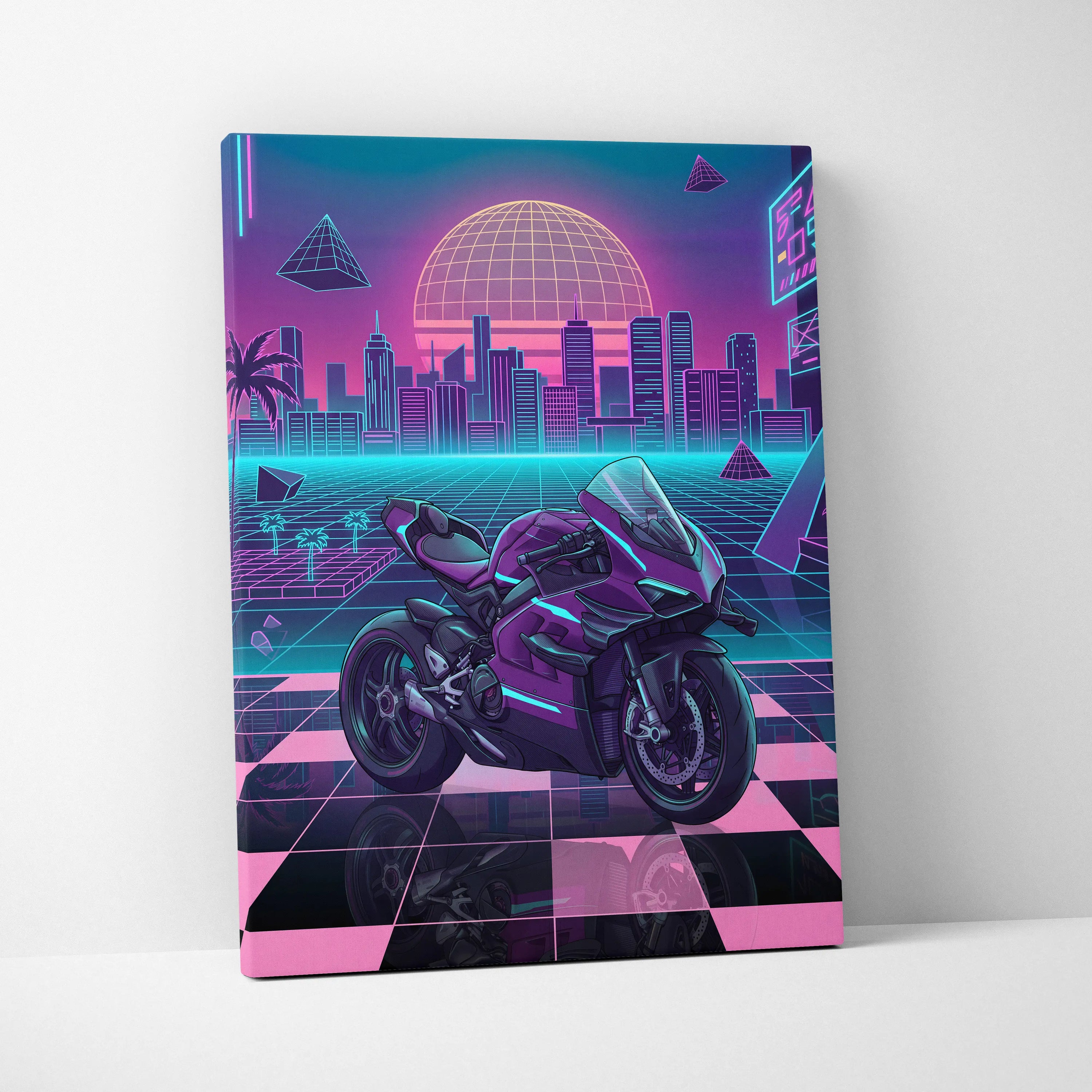 Ducati Panigale V4 Superleggera Inspired Purple Pink Motorcycle Canvas Wall Art Vaporwave Neon City Superbike Artwork for Garage Decor Retro Futuristic Print