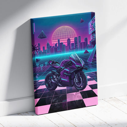 Ducati Panigale V4 Superleggera Inspired Purple Pink Motorcycle Canvas Wall Art Vaporwave Neon City Superbike Artwork for Garage Decor Retro Futuristic Print