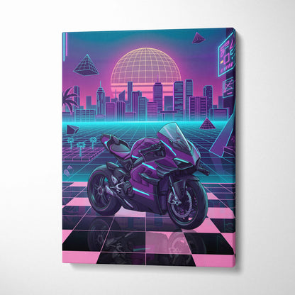 Ducati Panigale V4 Superleggera Inspired Purple Pink Motorcycle Canvas Wall Art Vaporwave Neon City Superbike Artwork for Garage Decor Retro Futuristic Print