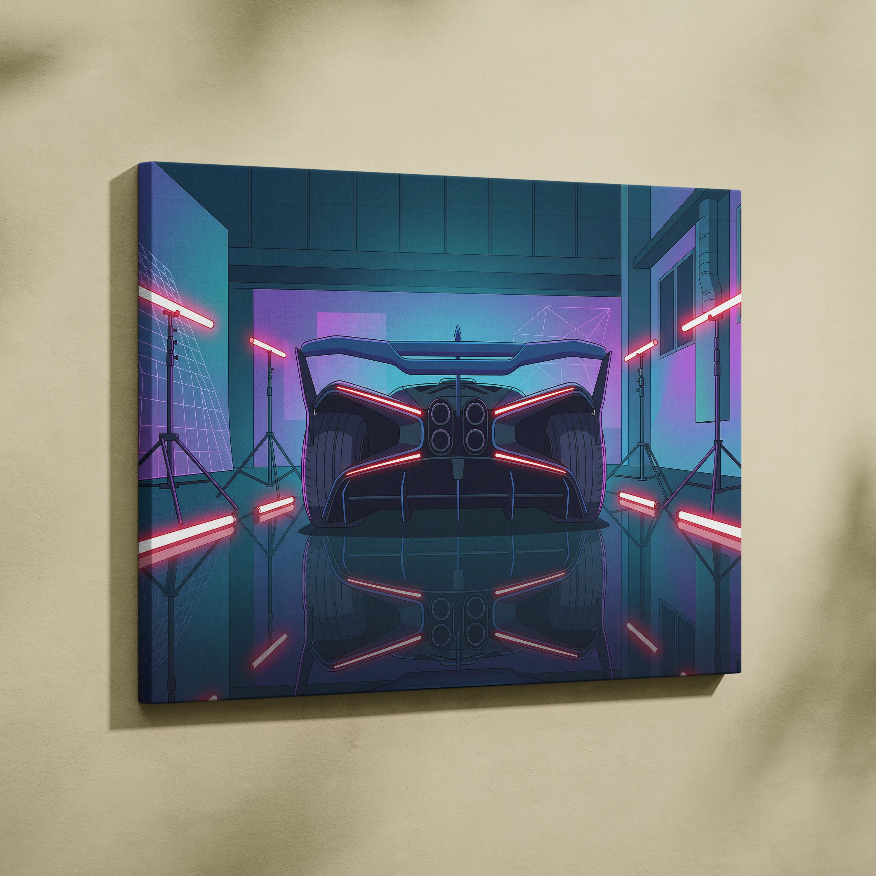 Bugatti Bolide Inspired Vaporwave Car Canvas - Car Neon Blue Pink Living Room Vaporwave Mood Nostalgic Neon Glow Retro Futurism Canvas