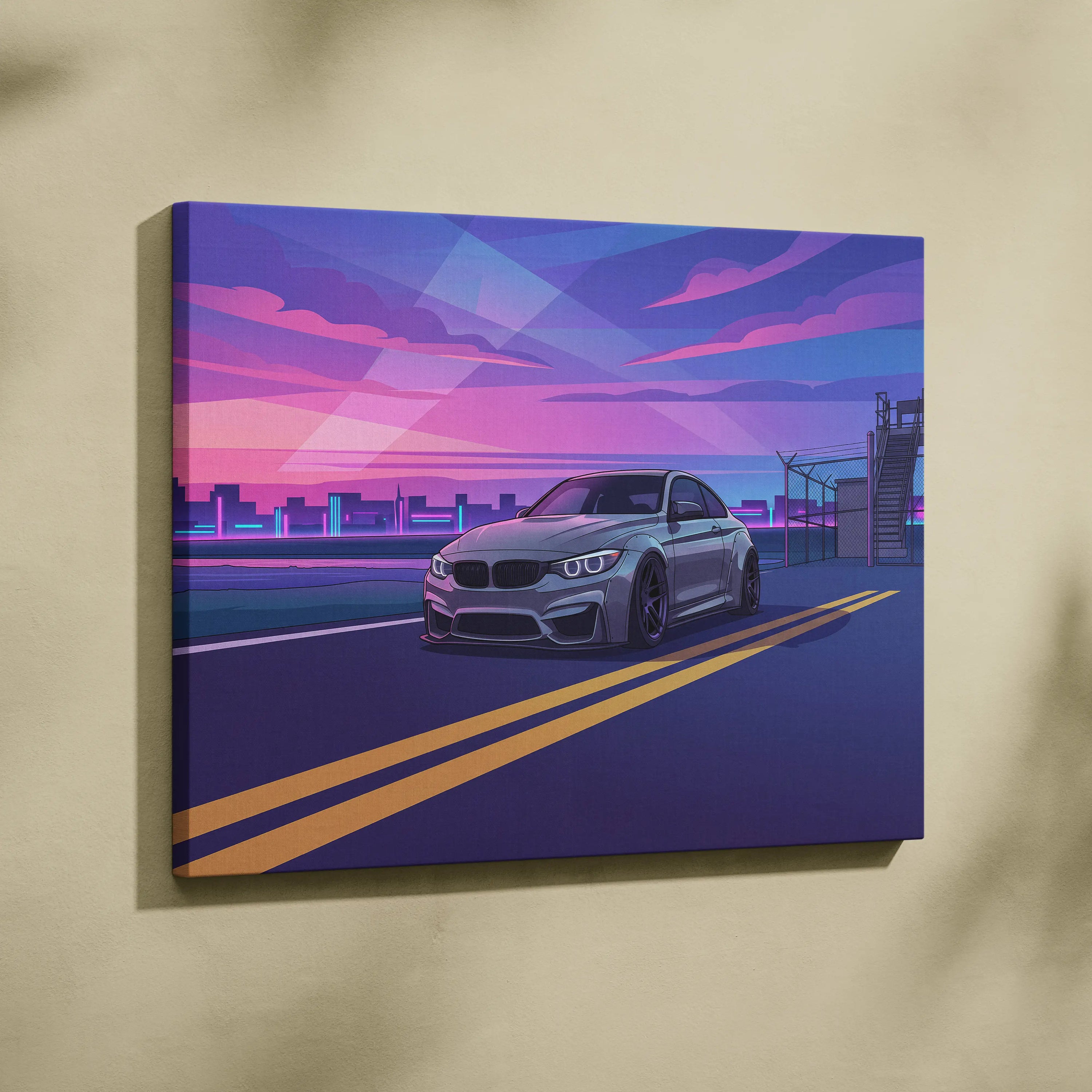 BMW M4 Inspired Canvas Art - Car Art Neon Purple Blue Living Room Vaporwave Nostalgic Mood Neon Cityscape Canvas Print