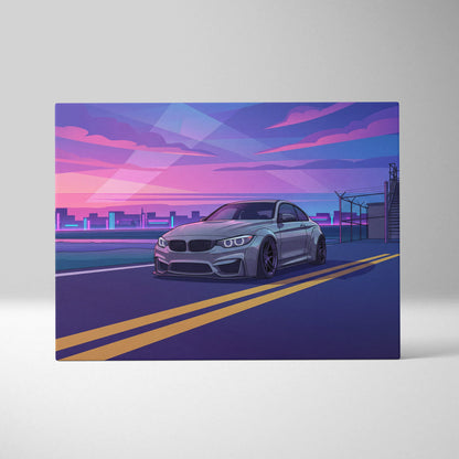 BMW M4 Inspired Canvas Art - Car Art Neon Purple Blue Living Room Vaporwave Nostalgic Mood Neon Cityscape Canvas Print