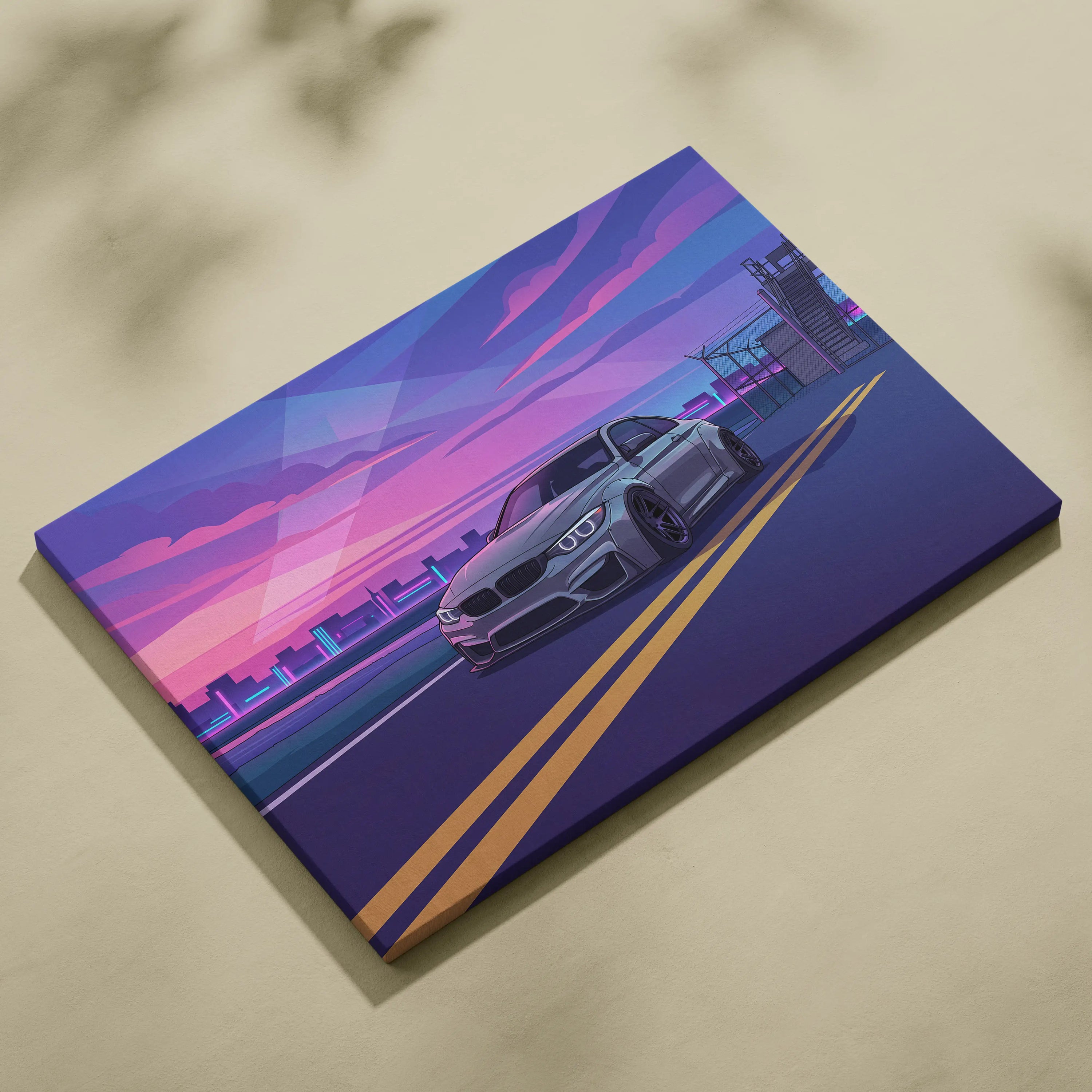 BMW M4 Inspired Canvas Art - Car Art Neon Purple Blue Living Room Vaporwave Nostalgic Mood Neon Cityscape Canvas Print