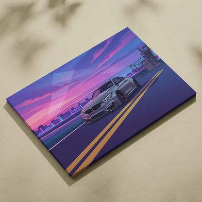 BMW M4 Inspired Canvas Art - Car Art Neon Purple Blue Living Room Vaporwave Nostalgic Mood Neon Cityscape Canvas Print
