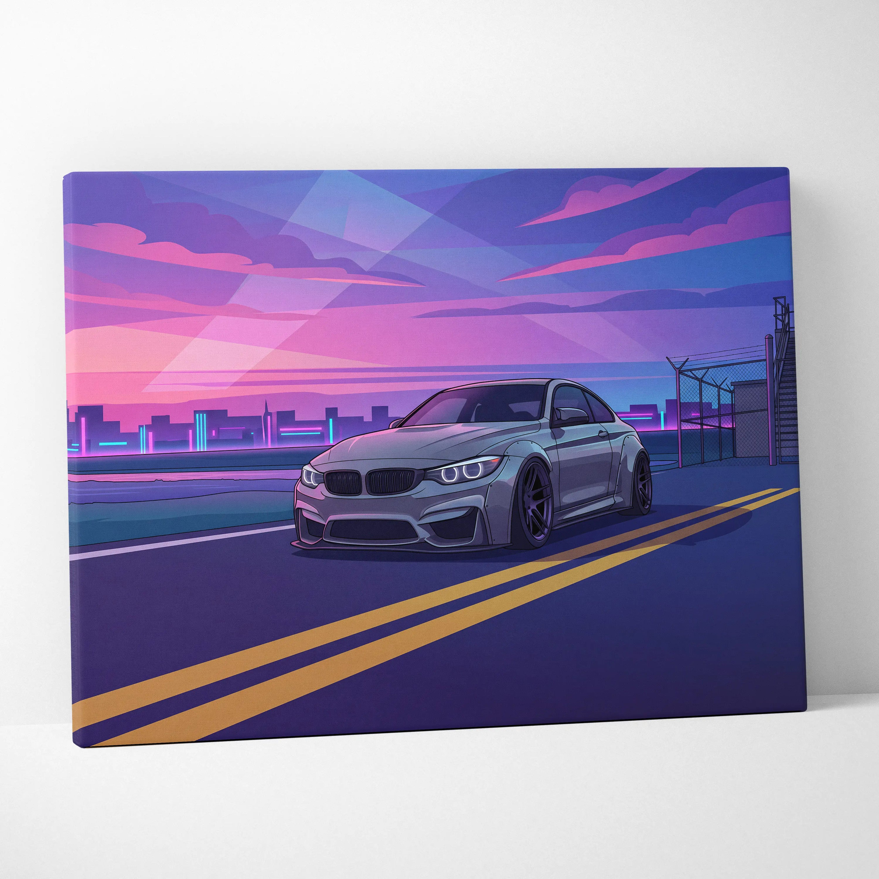 BMW M4 Inspired Canvas Art - Car Art Neon Purple Blue Living Room Vaporwave Nostalgic Mood Neon Cityscape Canvas Print