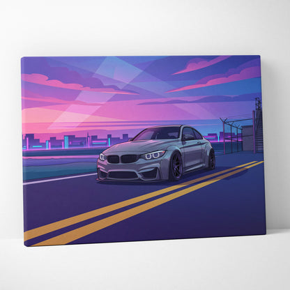 BMW M4 Inspired Canvas Art - Car Art Neon Purple Blue Living Room Vaporwave Nostalgic Mood Neon Cityscape Canvas Print
