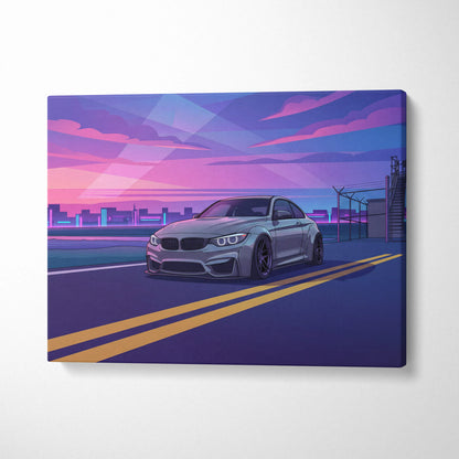 BMW M4 Inspired Canvas Art - Car Art Neon Purple Blue Living Room Vaporwave Nostalgic Mood Neon Cityscape Canvas Print