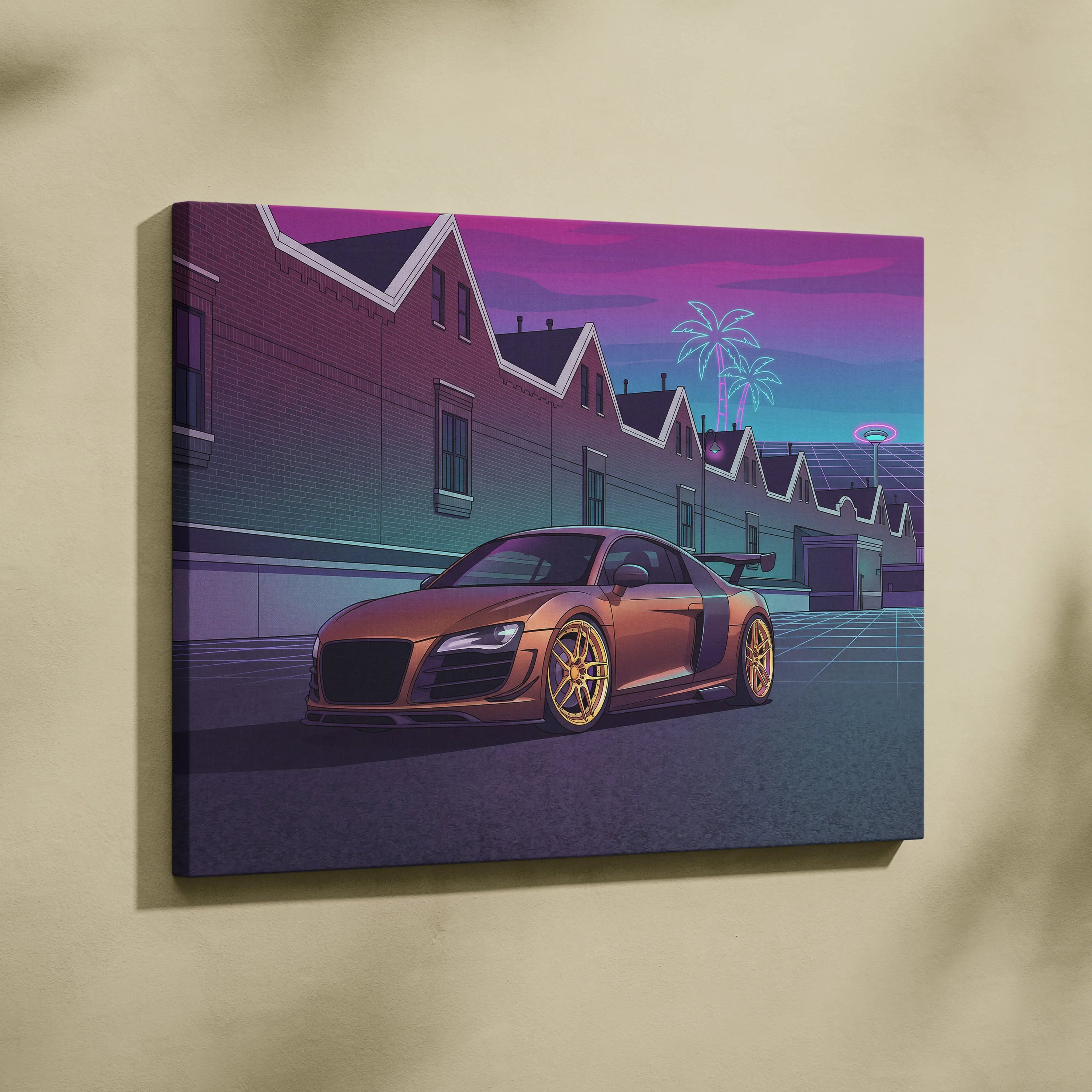 Audi R8 Inspired Vaporwave Neon Car Canvas - Vaporwave Car Canvas Pink Teal Living Room Retro Nostalgic Mood Synthwave Wall Art Canvas