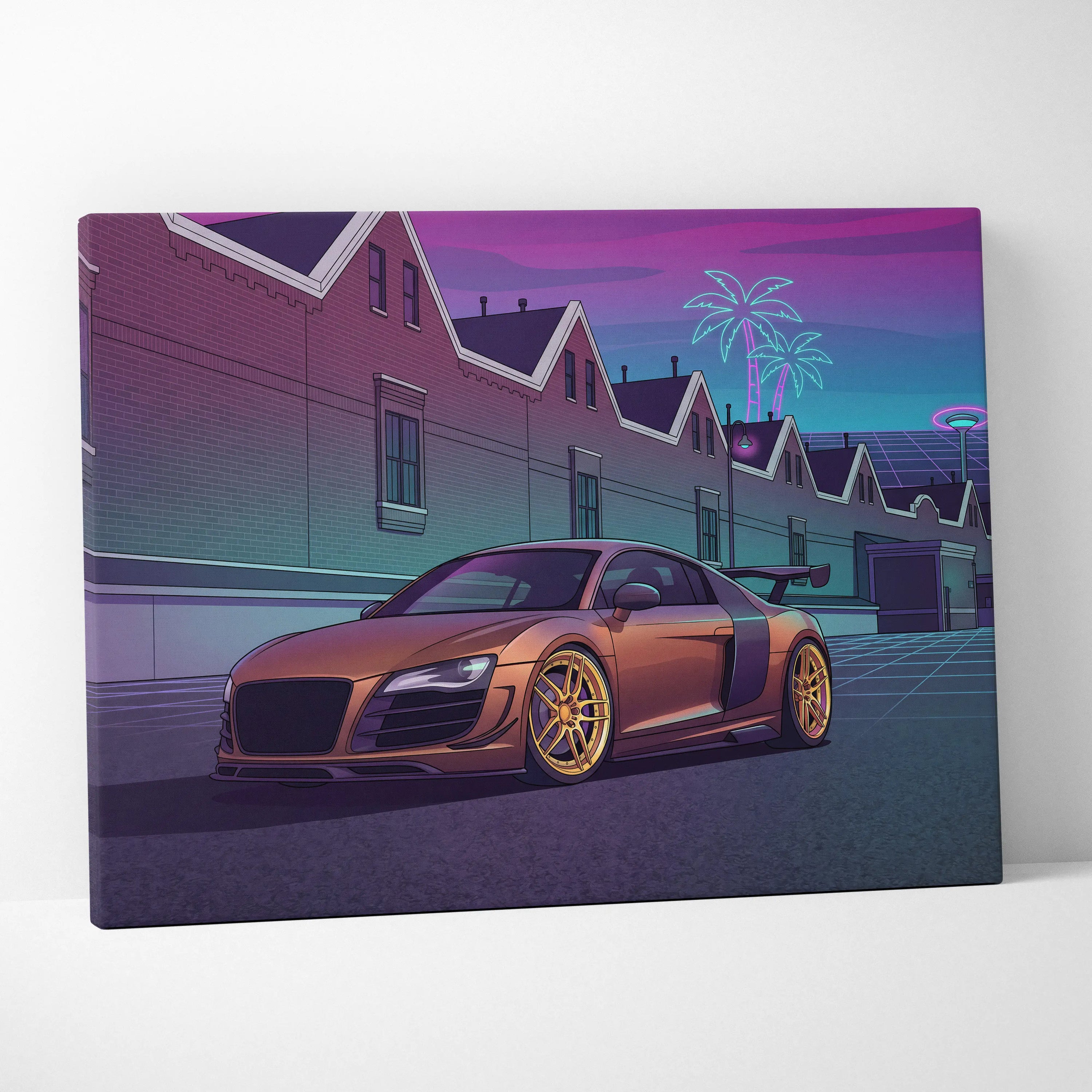 Audi R8 Inspired Vaporwave Neon Car Canvas - Vaporwave Car Canvas Pink Teal Living Room Retro Nostalgic Mood Synthwave Wall Art Canvas