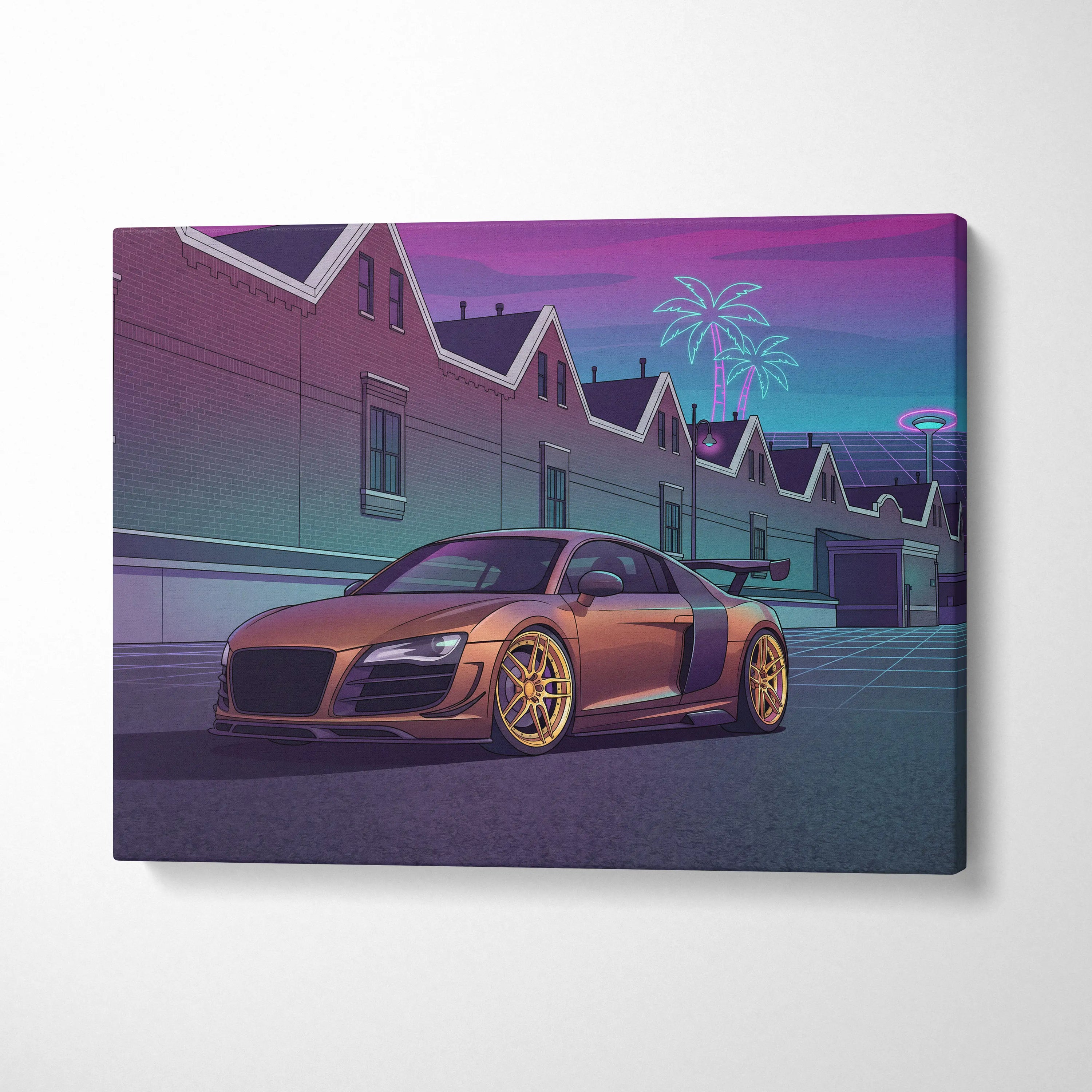Audi R8 Inspired Vaporwave Neon Car Canvas - Vaporwave Car Canvas Pink Teal Living Room Retro Nostalgic Mood Synthwave Wall Art Canvas