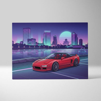 Acura NSX Inspired Red Purple Canvas Wall Art Vaporwave JDM Supercar Artwork Neon City Skyline Garage Decor Retro Futuristic Waterfront Print