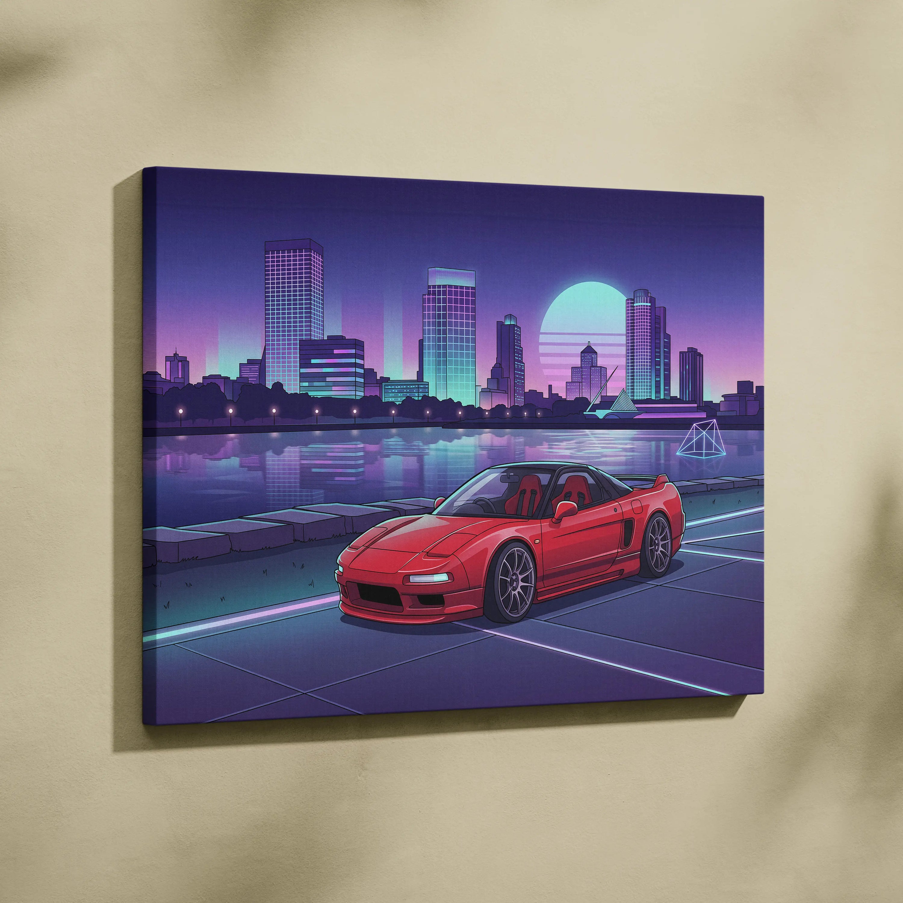 Acura NSX Inspired Red Purple Canvas Wall Art Vaporwave JDM Supercar Artwork Neon City Skyline Garage Decor Retro Futuristic Waterfront Print
