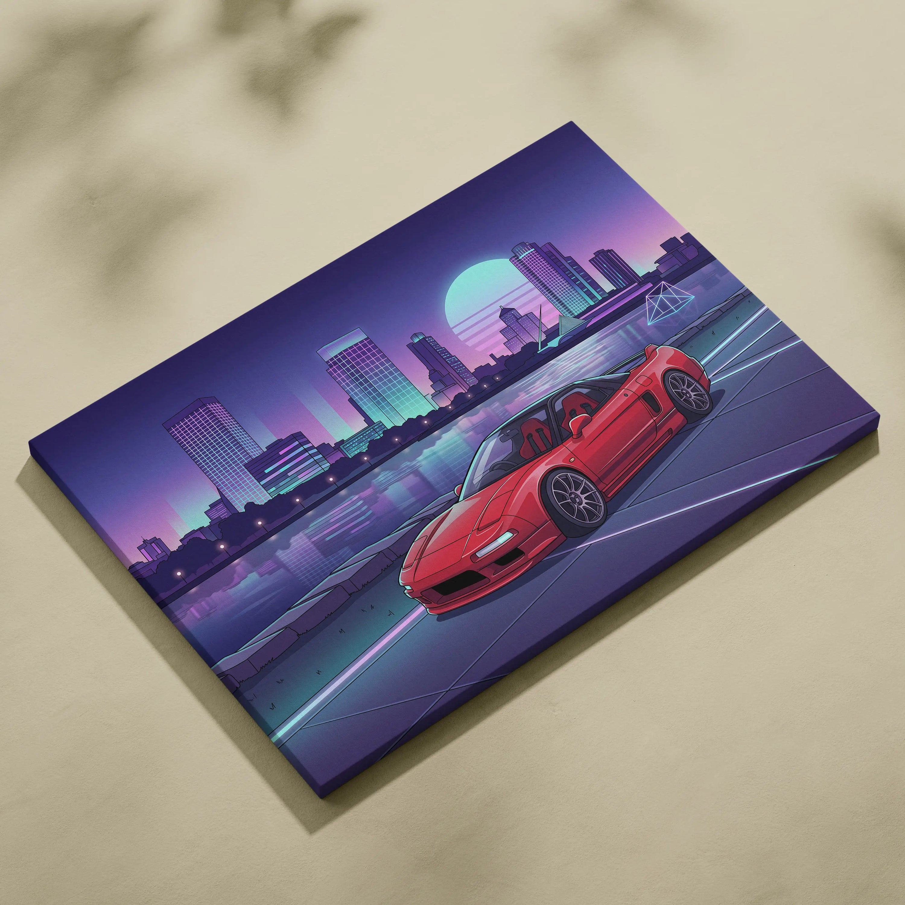Acura NSX Inspired Red Purple Canvas Wall Art Vaporwave JDM Supercar Artwork Neon City Skyline Garage Decor Retro Futuristic Waterfront Print