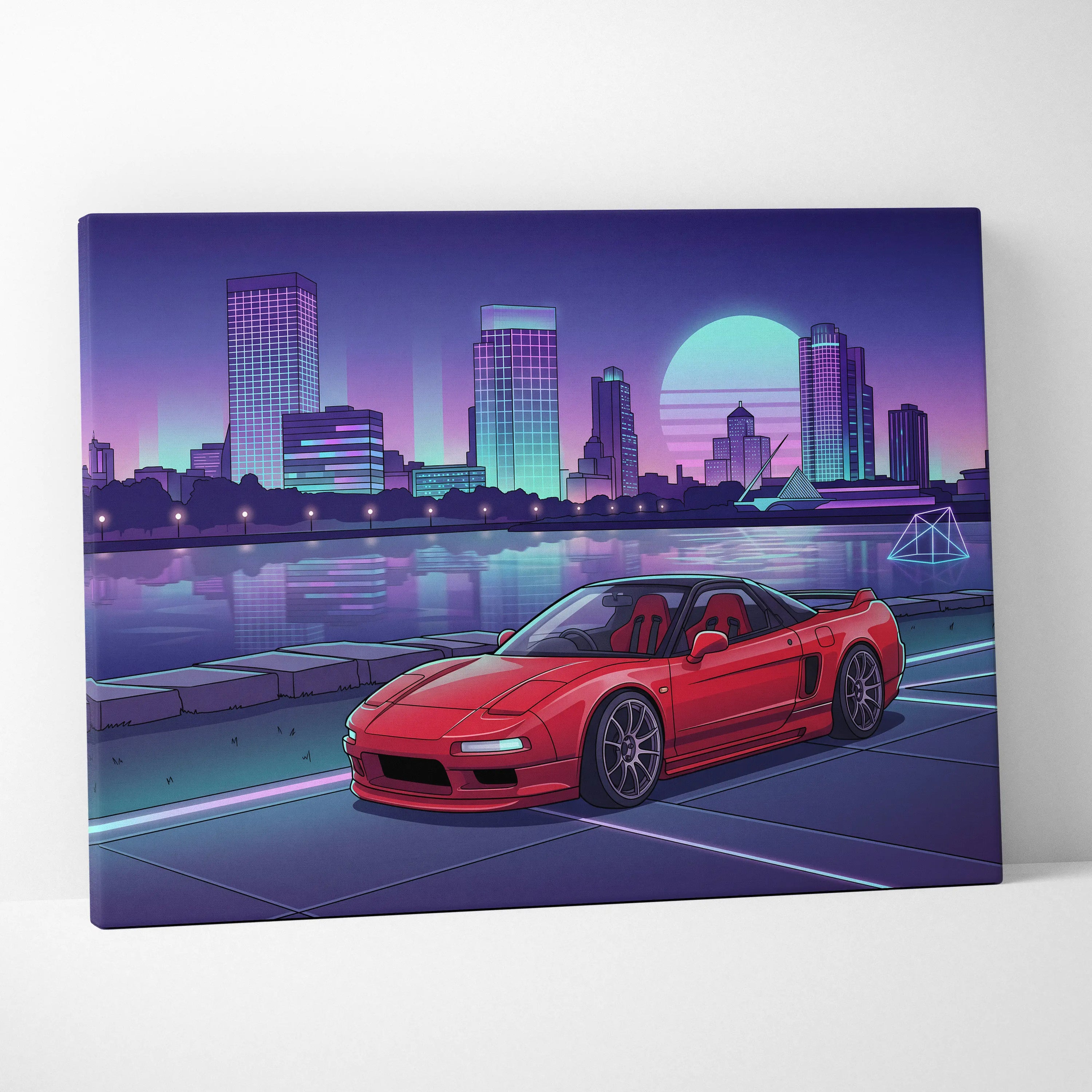 Acura NSX Inspired Red Purple Canvas Wall Art Vaporwave JDM Supercar Artwork Neon City Skyline Garage Decor Retro Futuristic Waterfront Print